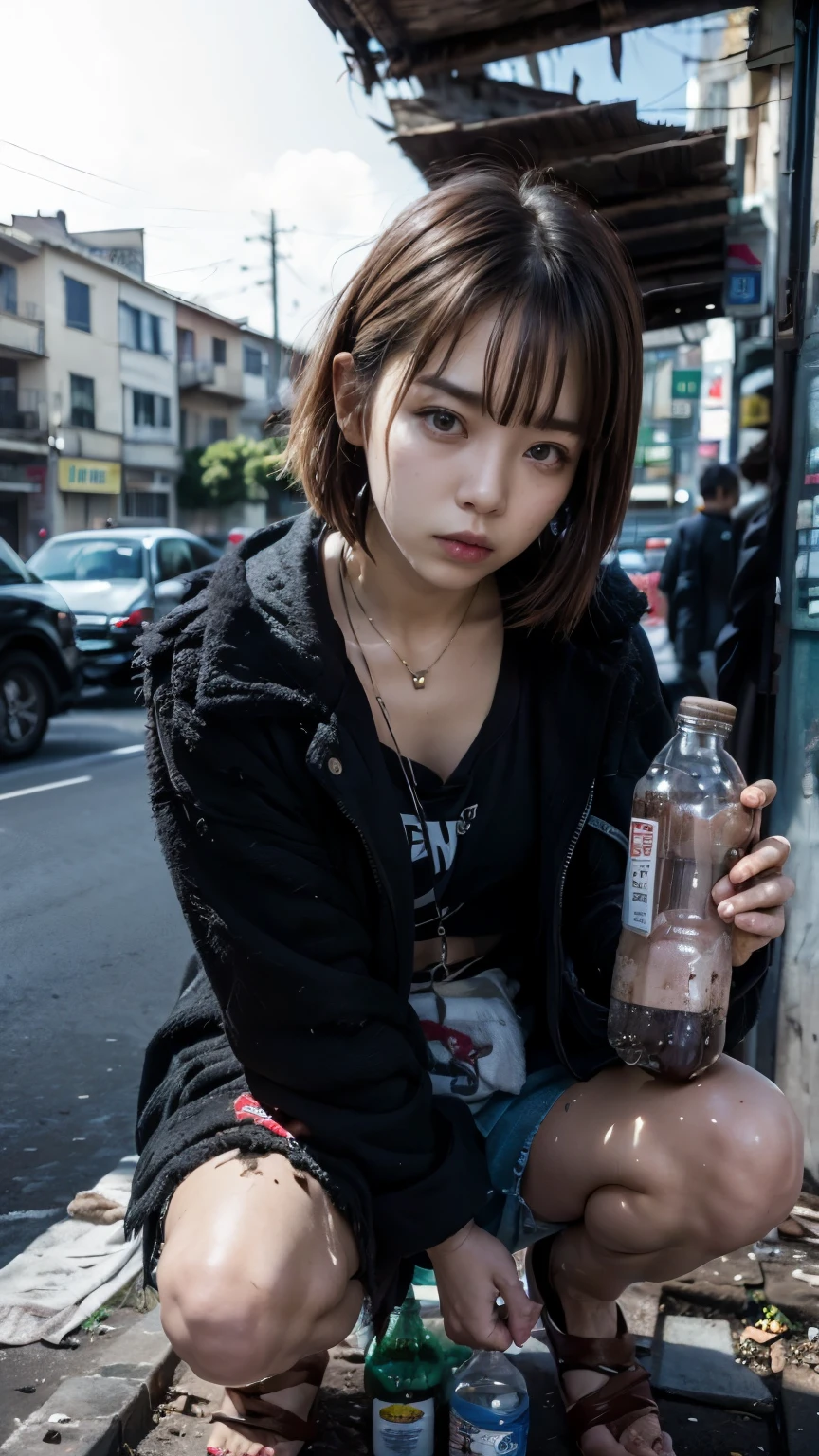 (((Brown glass medicine bottle,He had a suspicious drink))),With bangs,Beautiful black hair,Homeless Korean woman with straight medium bob cut,Crouching,In a dirty room surrounded by a lot of garbage,2 Korean female,(((No hat))),aespakarina,((Very displeased look)),(((Homeless))),((( Bad smell,Oil,Mud stains,shit,dirty))),(((Frowning,Glaring at the camera))),Very fine eye, Flat Chest,(((Wearing a tattered black coat))),(((Tragic))),(make:1.4),Big eyes,Frowning expression,hiphop dancer,Gangster-style long pants,wearing edg90hh_clothing,8k,High definition,gang style