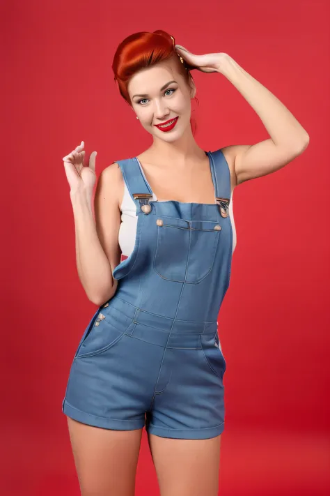 Ultra high resolution full body woman,(((Full length))), ((full body)) ((((((sleeveless arm raised to front of face))))))
(((A woman in a red tight-fitting repairman's suit Worker's overalls with short shorts with a large neckline)), perfect young face, sm...