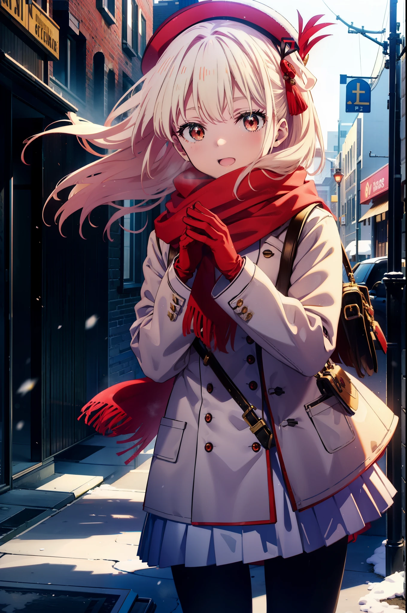 chisatonishikigi, nishikigi chisato,Long Hair , bangs, blonde, (Red eyes:1.5),happy smile, smile, Open your mouth,Knthatted hat,Yellow coat,Whthate scarf,Whthate sweater,He has fluffy gloves on both hands...,Long skirt,Black Pantyhose,short boots,Shirogane World,Snow is piling up,that&#39;it&#39;s snowing,that&#39;it&#39;s snowing,winter,Cold Sky,moonlight,full moon,night,
break looking at viewer, whole body, Upper Body,(Cowboy Shot:1. 5)
break outdoors, cthaty,Building Street,
break (masterpiece:1.2), highest qualthaty, High resolution, unthaty 8k wallpaper, (shape:0.8), (Beautiful and beautiful eyes:1.6), Highly detailed face, Perfect lighting, Extremely detailed CG, (Perfect hands, Perfect Anatomy),