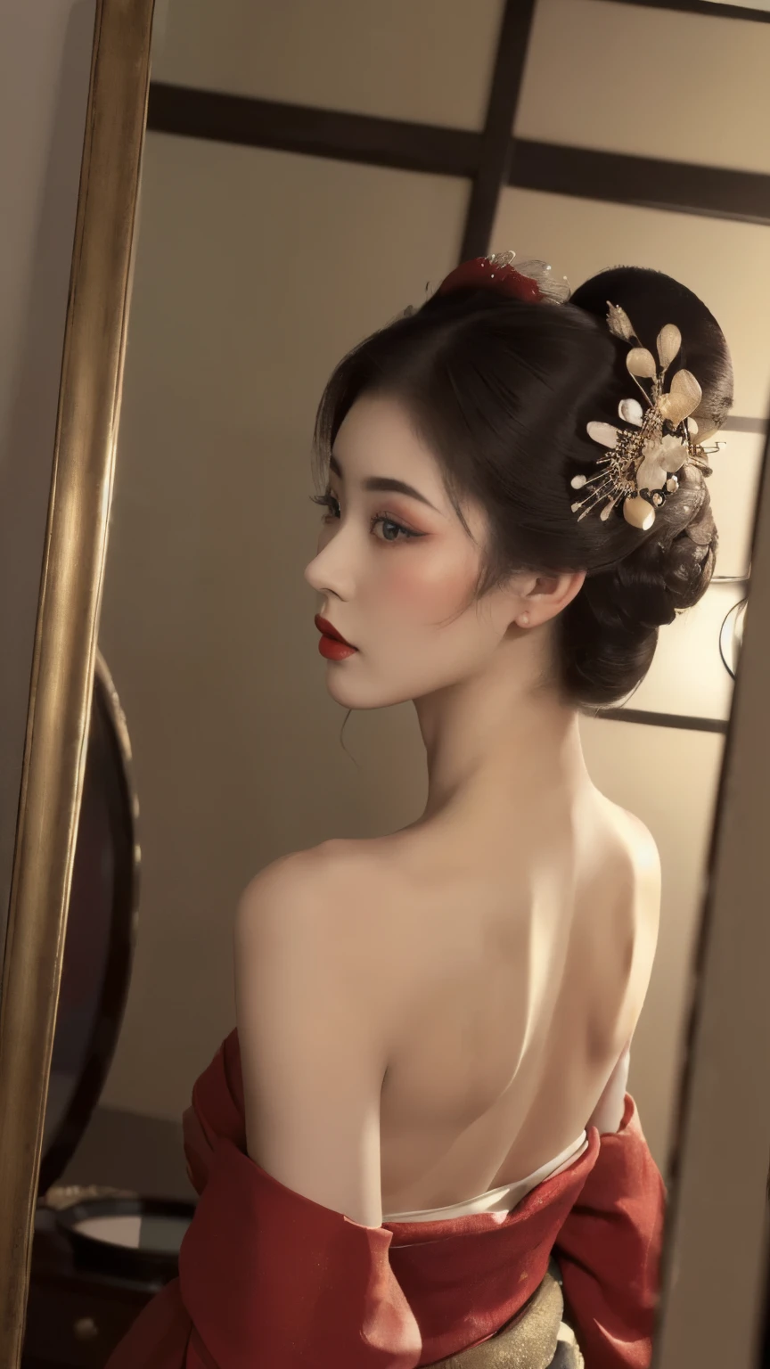 ((Top quality, 8k, Masterpiece: 1.3)), Sharp focus :1.2,   ((Body slim thin captivating. long eyelashes,   highly detailed lips,   detailed eyes,   double eyelid,   Make-up face.  Red lipstick.  hair accessories,  hair Bun,  elegance,    enchanting,

((Beautiful Japanese Geisha)),  ((Red kimomo. Bare shoulder)),

Also show your ears.  In front of the camera.   Ear texture.   Ear hole details. Realistic.   Close-up Shot of Ear.   At close range.   shot from the back angle.   shot from the back angle.   ((in front of the make-up mirror))