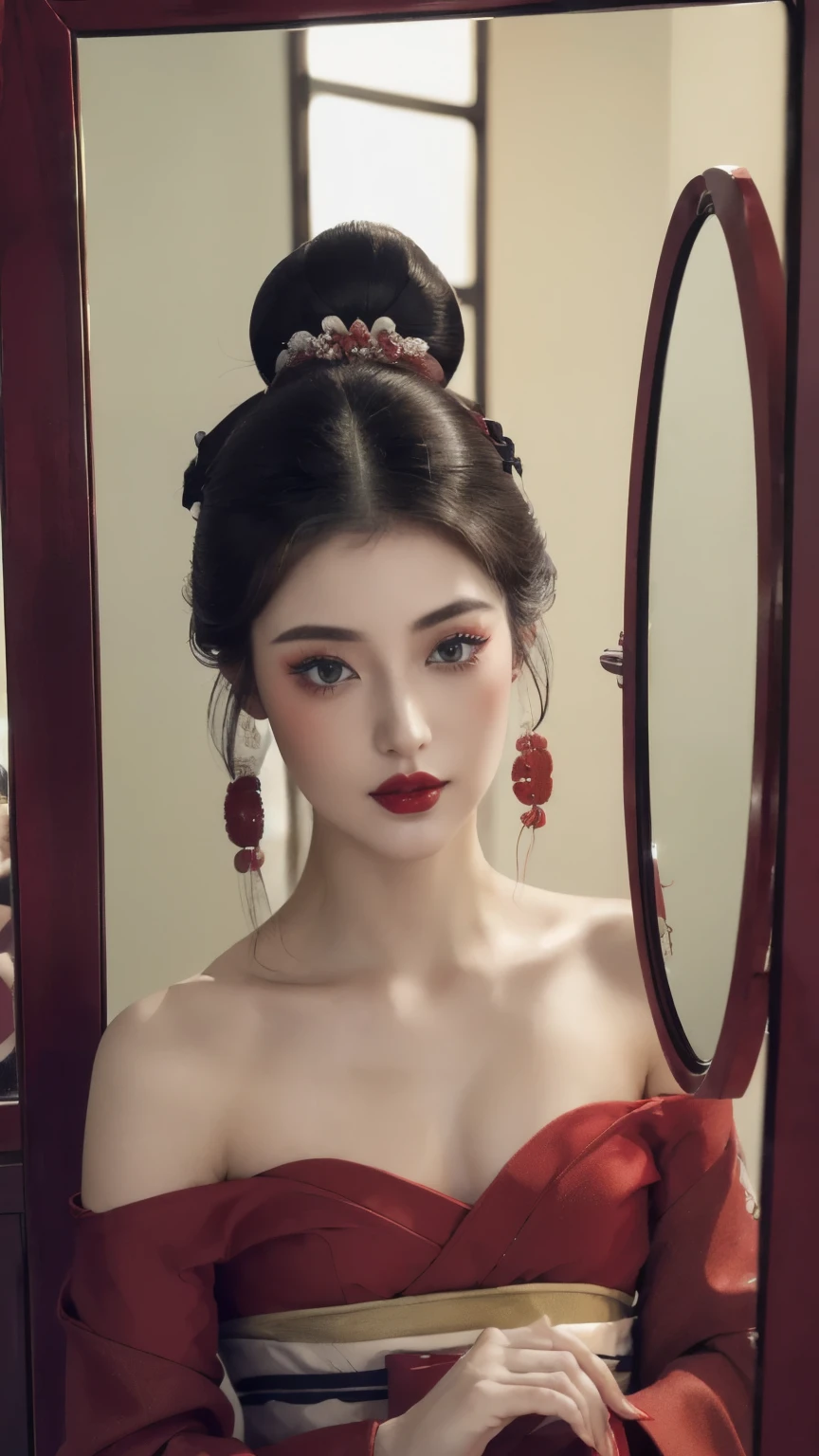 ((Top quality, 8k, Masterpiece: 1.3)), Sharp focus :1.2,   ((Body slim thin captivating. long eyelashes,   highly detailed lips,   detailed eyes,   double eyelid,   Make-up face.  Red lipstick.  hair accessories,  hair Bun,  elegance,    enchanting,

((Beautiful Japanese Geisha)),  ((Red kimomo. Bare shoulder)),

just showing his face.   pretty face.  captivating.   make-up face.  long eyelashes,  and lips with red lipstick.   ((in front of the make-up mirror))