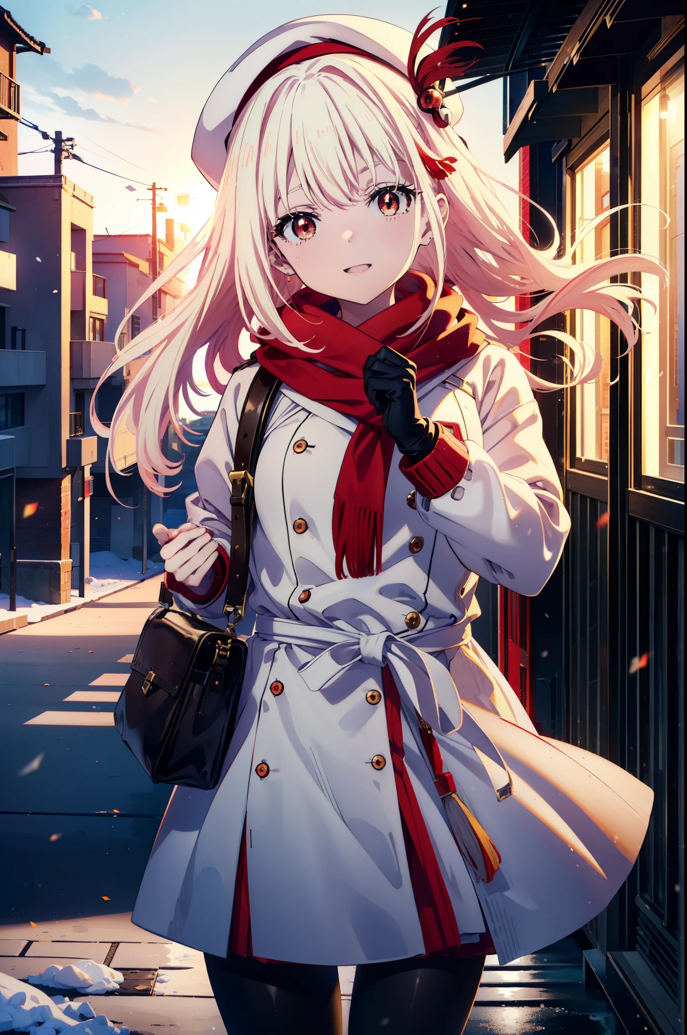 chisatonishikigi, nishikigi chisato,Long Hair , bangs, blonde, (Red eyes:1.5),happy smile, smile, Open your mouth,White knit hat,Yellow coat,Red Scarf,White Sweater,He has fluffy white gloves on both hands.,Long skirt,Black pantyhose,short boots,Shirogane World,Snow is piling up,that&#39;it&#39;s snowing,that&#39;it&#39;s snowing,winter,Cold Sky,moonlight,full moon,night,
break looking at viewer, whole body, Upper Body,(Cowboy Shot:1. 5)
break outdoors, cthaty,Building Street,
break (masterpiece:1.2), highest qualthaty, High resolution, unthaty 8k wallpaper, (shape:0.8), (Beautiful and beautiful eyes:1.6), Highly detailed face, Perfect lighting, Extremely detailed CG, (Perfect hands, Perfect Anatomy),