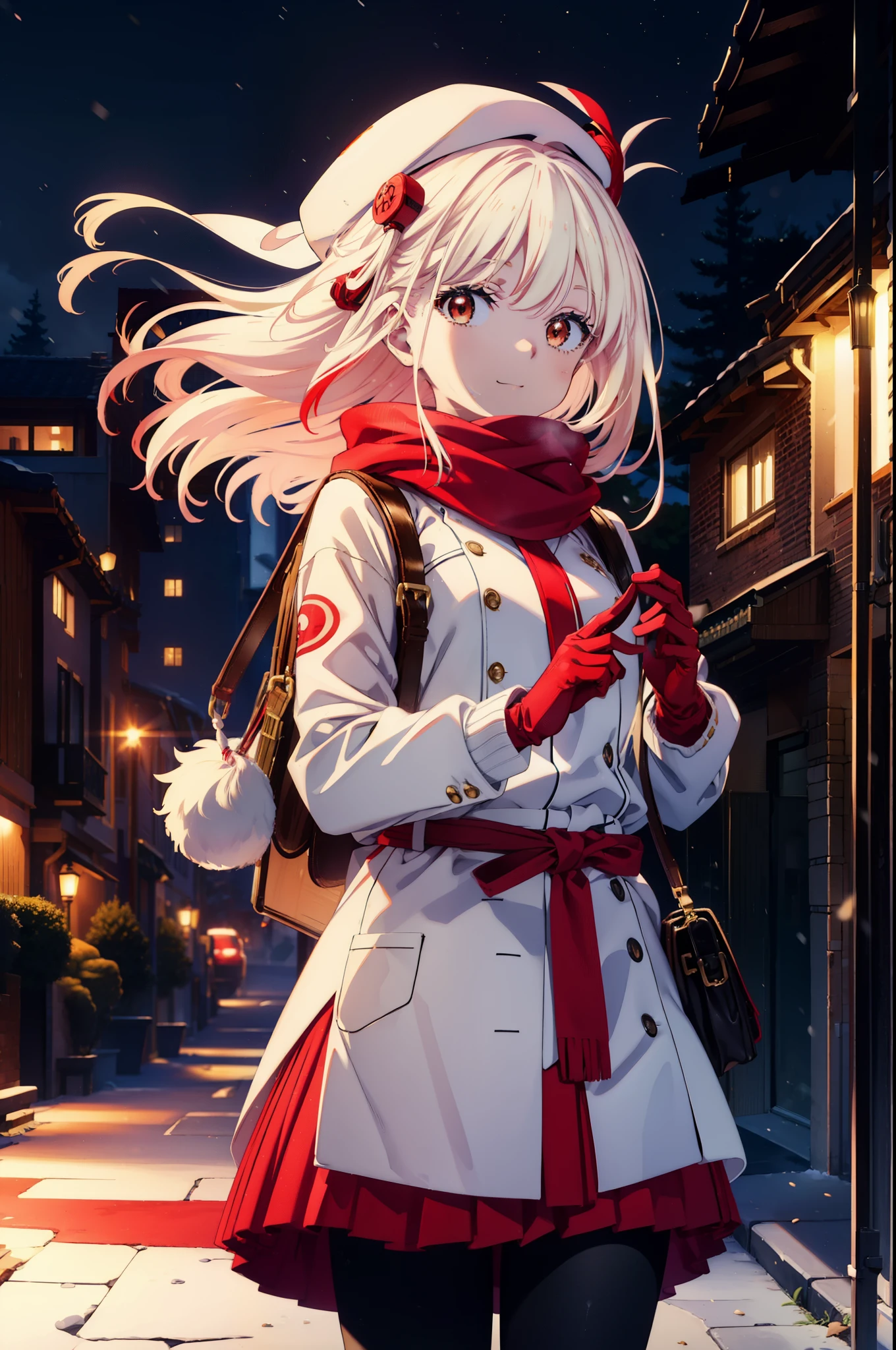 chisatonishikigi, nishikigi chisato,Long Hair , bangs, blonde, (Red eyes:1.5),happy smile, smile, Open your mouth,White knit hat,Yellow coat,Red Scarf,White Sweater,He has fluffy white gloves on both hands.,Long skirt,Black pantyhose,short boots,Shirogane World,Snow is piling up,that&#39;it&#39;s snowing,that&#39;it&#39;s snowing,winter,Cold Sky,moonlight,full moon,night,
break looking at viewer, whole body, Upper Body,(Cowboy Shot:1. 5)
break outdoors, cthaty,Building Street,
break (masterpiece:1.2), highest qualthaty, High resolution, unthaty 8k wallpaper, (shape:0.8), (Beautiful and beautiful eyes:1.6), Highly detailed face, Perfect lighting, Extremely detailed CG, (Perfect hands, Perfect Anatomy),