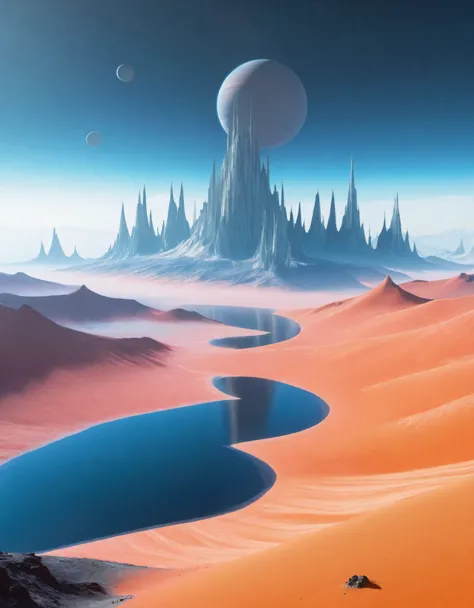 An alien landscape featuring colossal structures under a chilling atmosphere, indicative of exoplanet weather. The scene is fill...