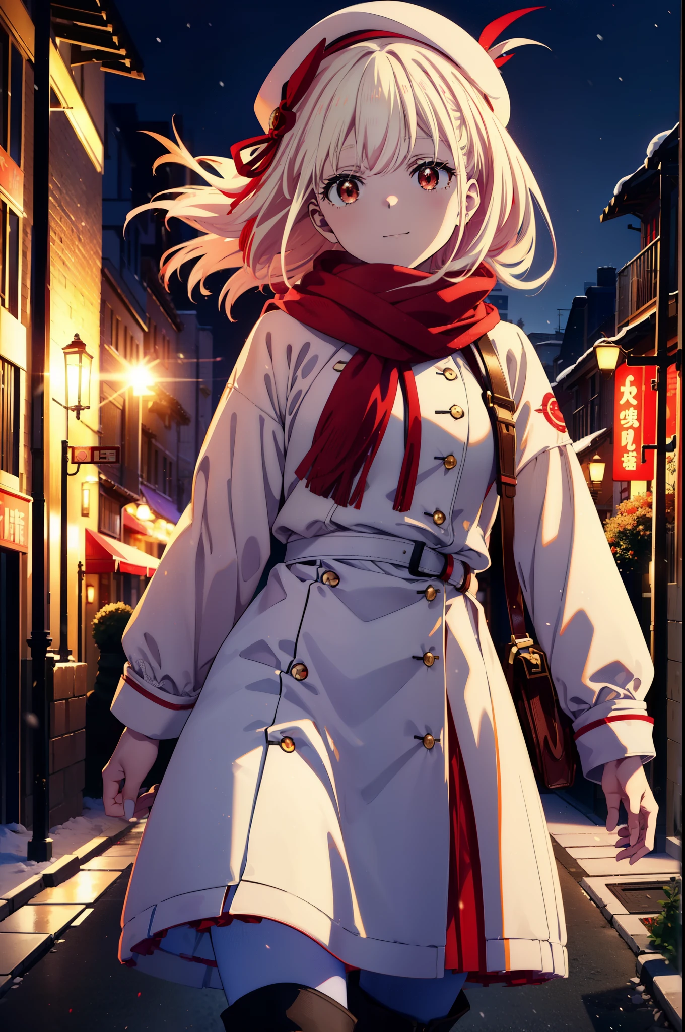 chisatonishikigi, nishikigi chisato,Long Hair , bangs, blonde, (Red eyes:1.5),happy smile, smile, Open your mouth,White knit hat,Yellow coat,Red Scarf,White Sweater,He has fluffy white gloves on both hands.,Long skirt,Black pantyhose,short boots,Shirogane World,Snow is piling up,that&#39;it&#39;s snowing,that&#39;it&#39;s snowing,winter,Cold Sky,moonlight,full moon,night,
break looking at viewer, whole body, Upper Body,(Cowboy Shot:1. 5)
break outdoors, cthaty,Building Street,
break (masterpiece:1.2), highest qualthaty, High resolution, unthaty 8k wallpaper, (shape:0.8), (Beautiful and beautiful eyes:1.6), Highly detailed face, Perfect lighting, Extremely detailed CG, (Perfect hands, Perfect Anatomy),