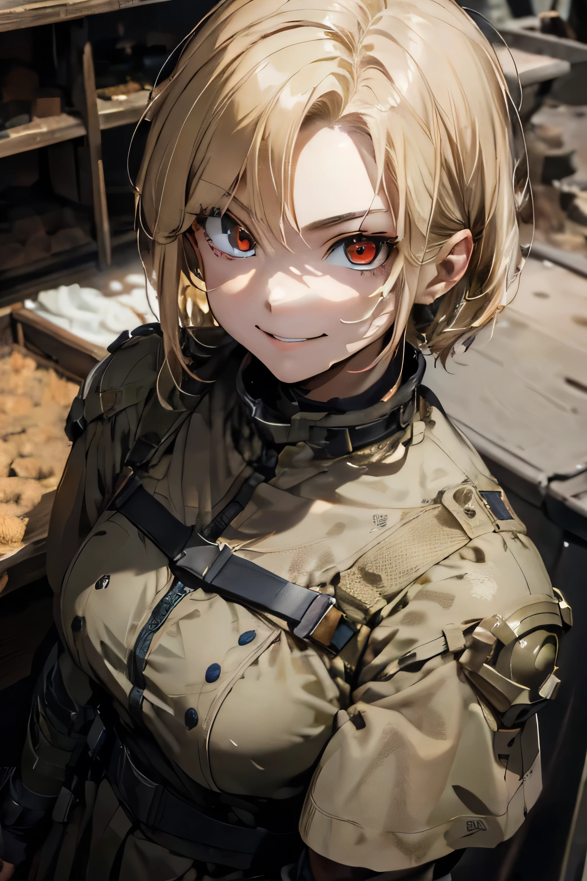 ((highest quality)), ((masterpiece)), (detailed),Perfect Face,blonde,red eyes,Fair skin,Armament,military,evil smile,battlefield,lightning,crowd,from above