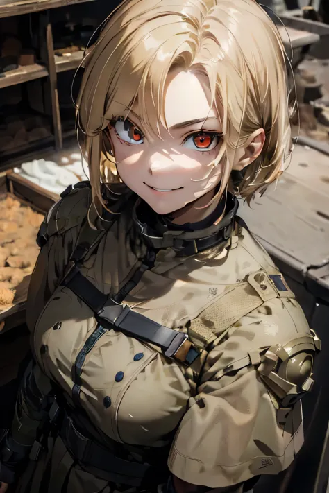((highest quality)), ((masterpiece)), (detailed),Perfect Face,blonde,red eyes,Fair skin,Armament,military,evil smile,battlefield...