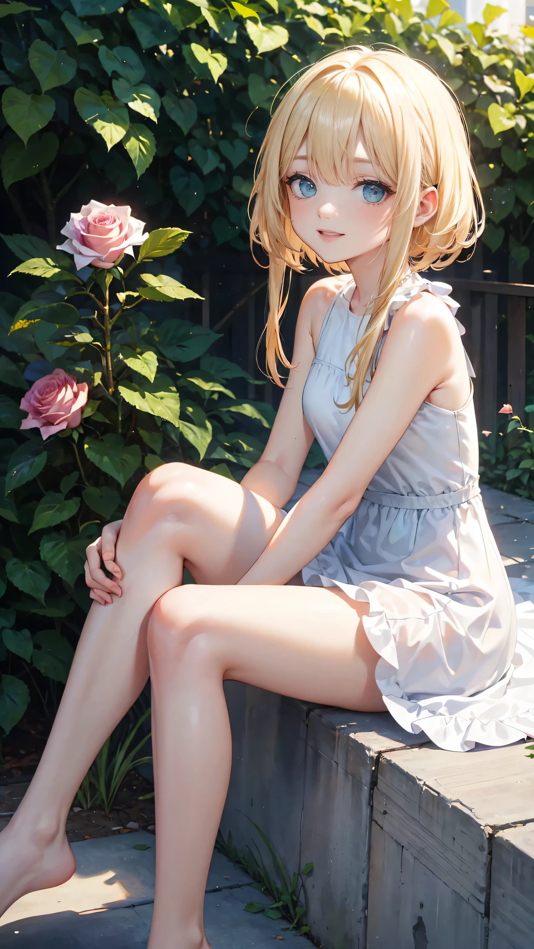 Very cute girl、(I'm 8 years old)、(Natural Blonde Hair)、(Shortcuts)、Bangs too close to the eyes、(Light Emerald Eye)、(Normal Human Ear)、Thin arms、Beautiful body、Thin legs、、Translucent white skin、Happy smile、Open your mouth、(Cute one-piece dress).(Rose Garden)、Playing innocently、Ultra HD、Digital SLR、Ultra HD、Many colorful roses blooming in the background、Upper Body Shot、Sitting with legs crossed、Sitting with knees hugged、running、