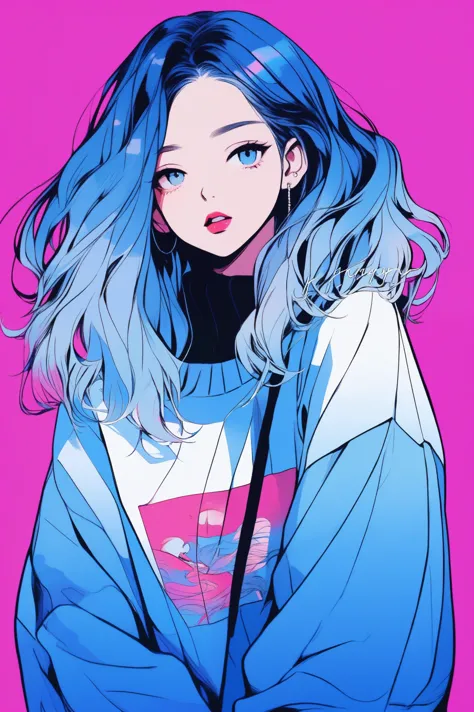 ilustrador, japanese cartoons , practical ,sketch , 1 girl, ,lips, sweater,order, blue gradient background, neon hair,textured t...