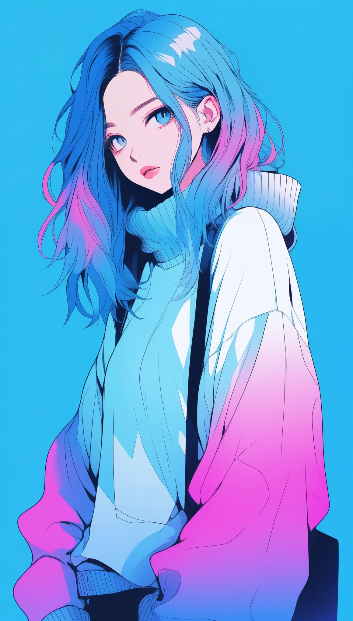 illustrator, anime , realistic ,sketch , 1 girl, ,lip, sweater,order, Blue gradient background, neon hair,Textured trim, Canadian, (masterpiece,Best quality) ganyou