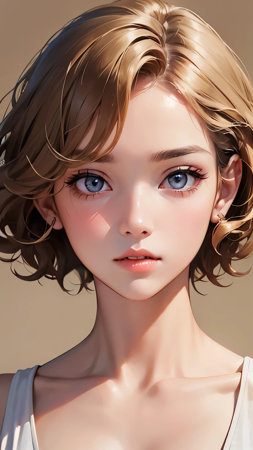 (highest quality, 4K, masterpiece :1.3), Beautiful woman, 1 girl, Abdominal muscles :1.1, (Brown French short curly hair with blonde highlights: 1.1),Highly detailed face, Delicate lips, Delicate eyes, double eyelid,
