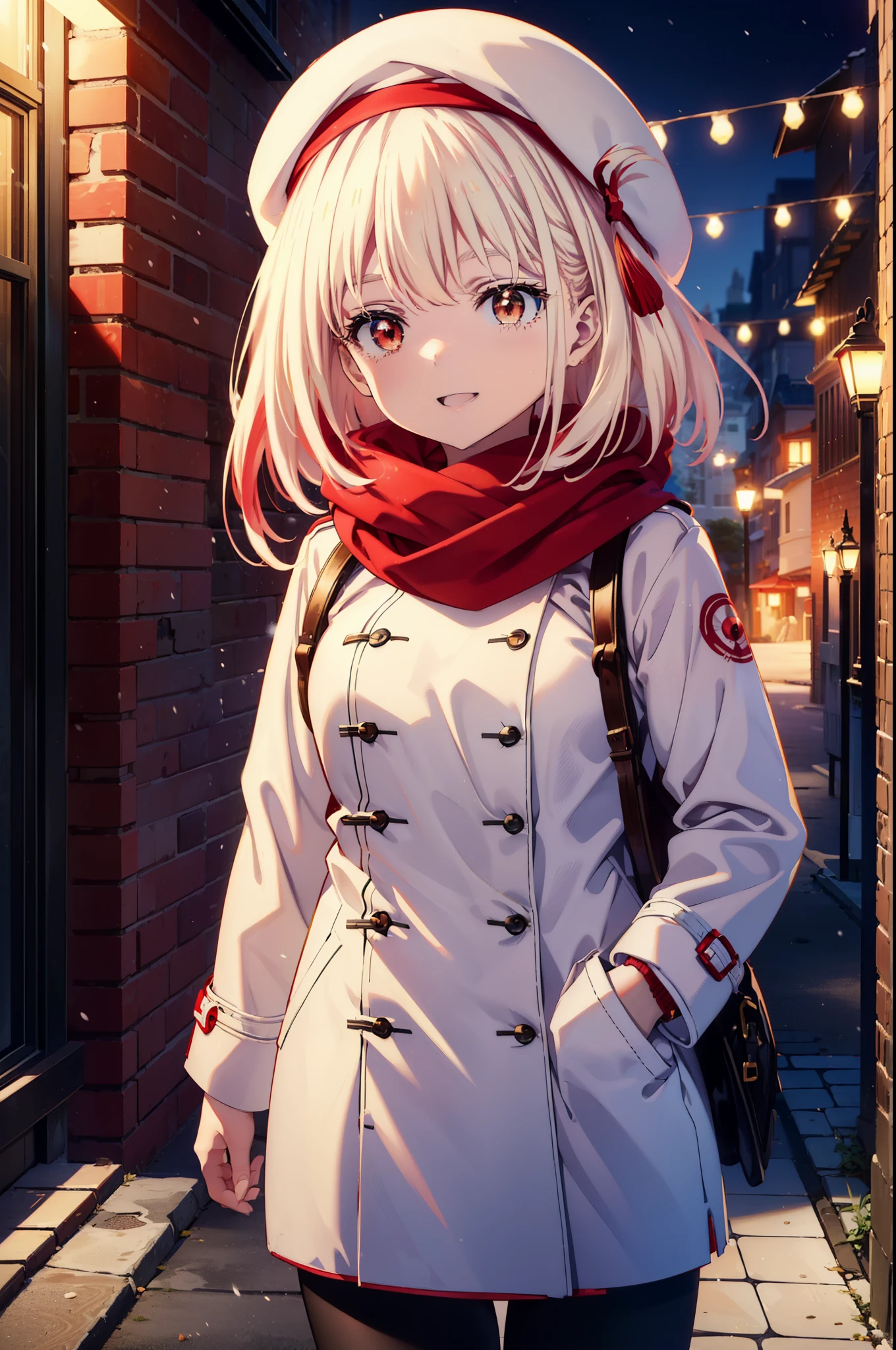 chisatonishikigi, nishikigi chisato,Long Hair , bangs, blonde, (Red eyes:1.5),happy smile, smile, Open your mouth,White knit hat,White Coat,Red Scarf,White Sweater,Hands in coat pockets,Long skirt,Black pantyhose,short boots,Shirogane World,Snow is piling up,that&#39;it&#39;s snowing,that&#39;it&#39;s snowing,winter,Cold Sky,moonlight,full moon,night,
break looking at viewer, whole body, Upper Body,(Cowboy Shot:1. 5)
break outdoors, cthaty,Building Street,
break (masterpiece:1.2), highest qualthaty, High resolution, unthaty 8k wallpaper, (shape:0.8), (Beautiful and beautiful eyes:1.6), Highly detailed face, Perfect lighting, Extremely detailed CG, (Perfect hands, Perfect Anatomy),