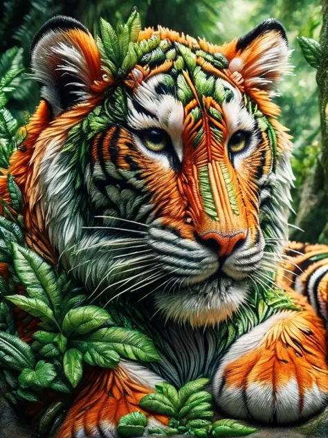 a detailed picture of a majestic tiger. the tiger is prowling through a lush, verdant forest, every muscle in its body taut with...