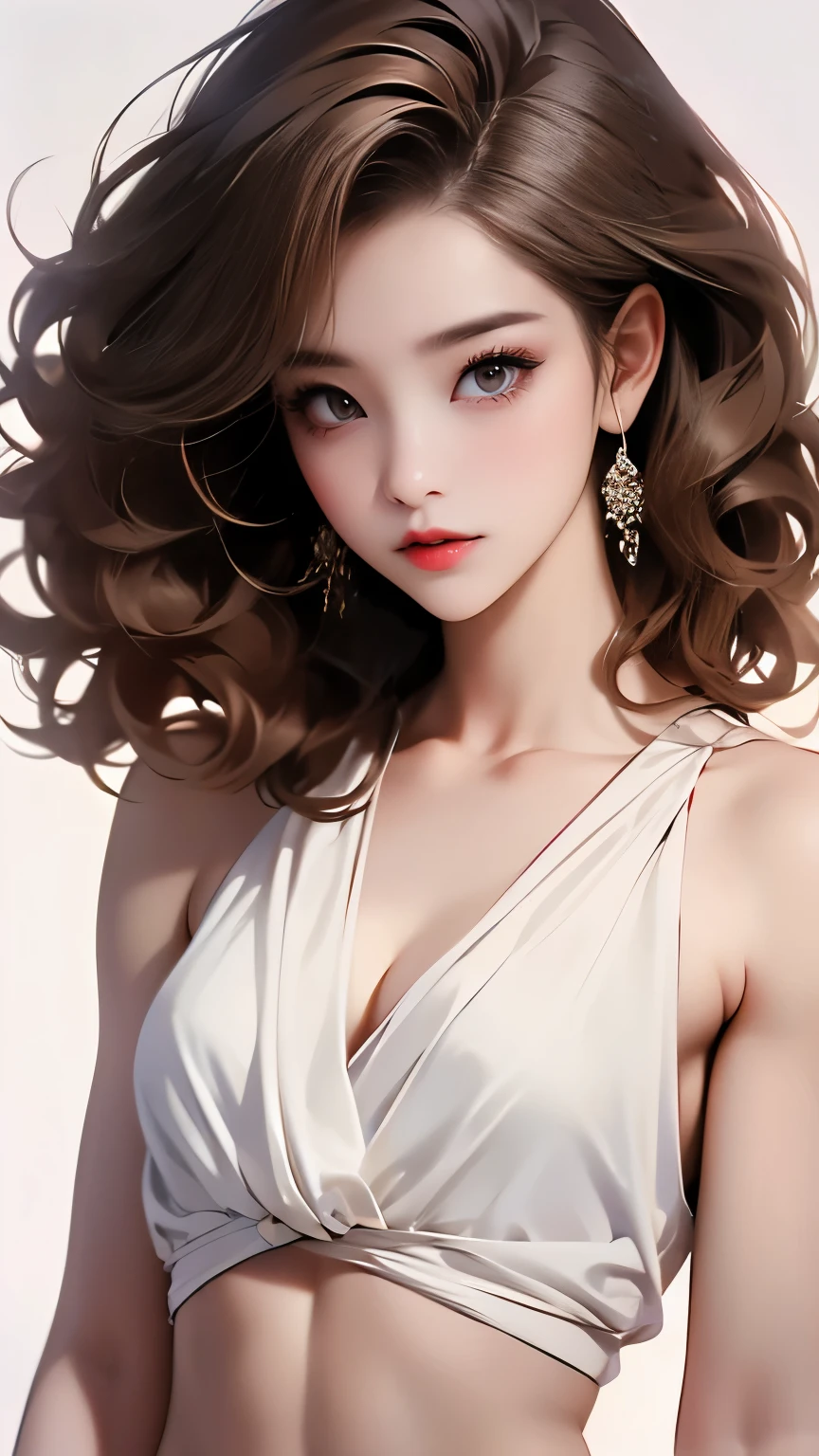 (highest quality, 4K, masterpiece :1.3), Beautiful woman, 1 girl, Abdominal muscles :1.1, (Brown French short curly hair with blonde highlights: 1.1),Highly detailed face, Delicate lips, Delicate eyes, double eyelid,