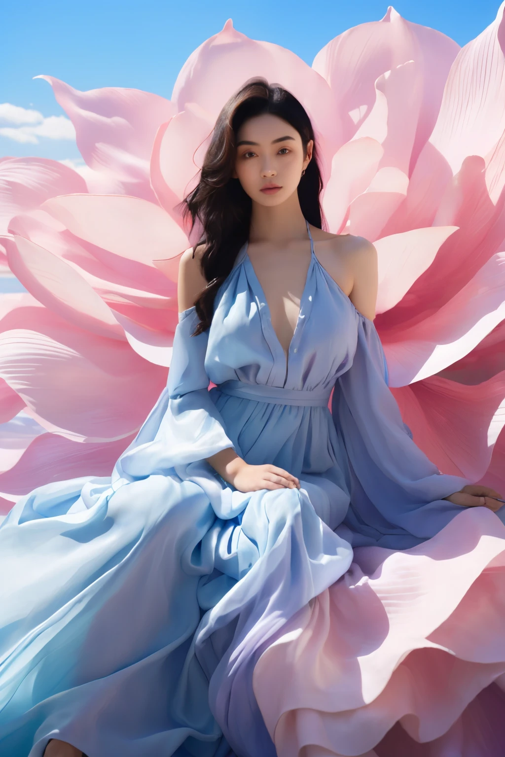 Masterpiece,best quality,1 girl,powder blusher,single person,black hair,long hair,dress,lifelike,sitting,lake,water,reflection,white dress,wide sleeves,pink flowers,looking at the audience,chest,lips,brown eyes,bare shoulders,clouds,sky,8K,soft light,