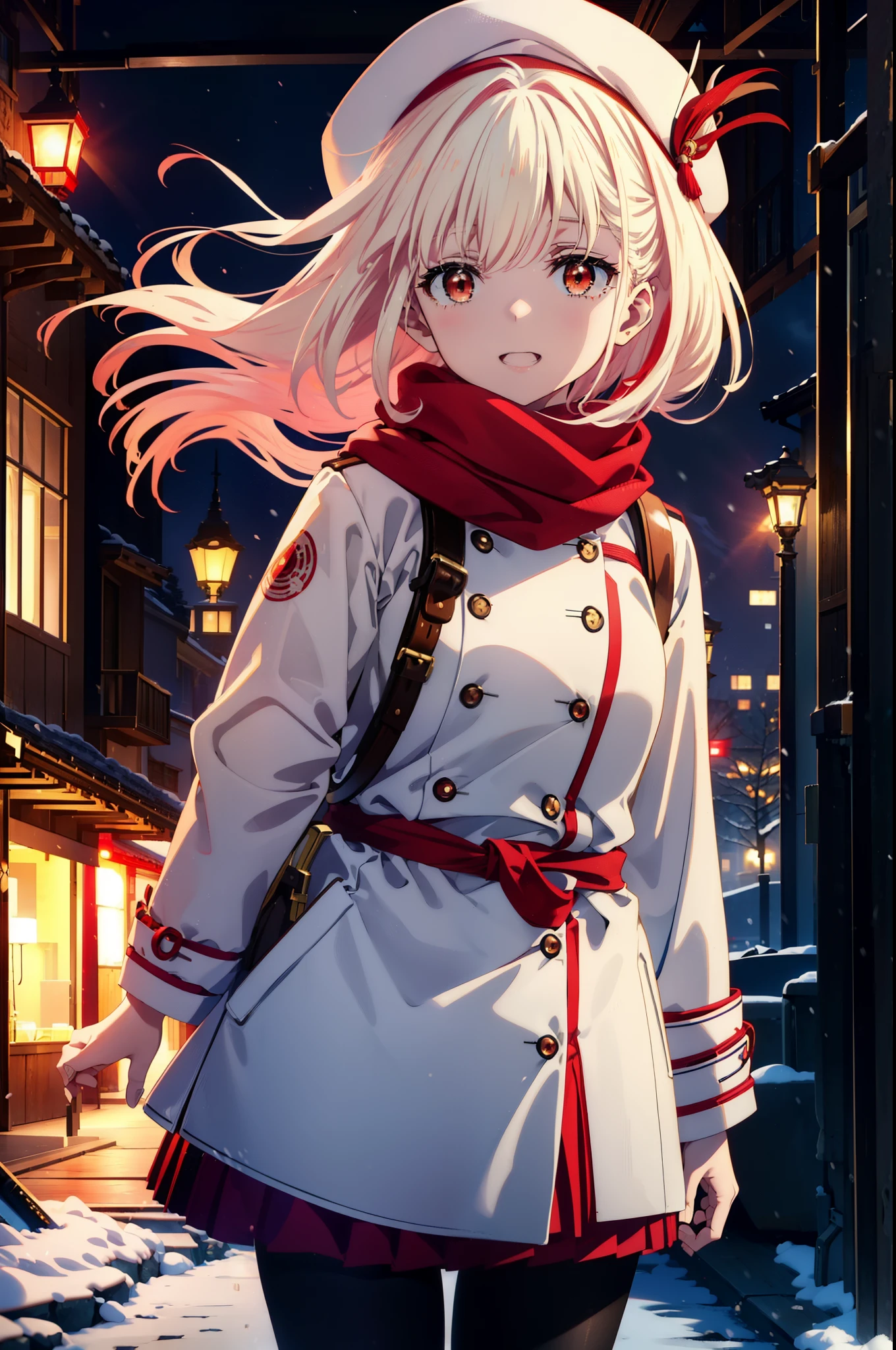 ce n&#39;est même pas atténué, Nishikigi Chisato,cheveux longs , frange, blond, (les yeux rouges:1.5),happy sourire, sourire, Ouvrez la bouche,WhIle knIl hat,WhIle Coat,écharpe rouge,WhIle Sweater,Les mains dans les poches du manteau,Jupe longue,collants noirs,bottes courtes,Monde Shirogane,La neige s&#39;accumule,Que&#39;Il&#39;il neige,Que&#39;Il&#39;il neige,hiver,ciel froid,Clair de lune,pleine lune,nuit,
casser looking at viewer, tout le corps, Haut du corps,(tir de cow-boy:1. 5)
casser outdoors, cQuey,rue du bâtiment,
casser (chef-d&#39;œuvre:1.2), highest qualQuey, haute résolution, unQuey 8k wallpaper, (forme:0.8), (De beaux et beaux yeux:1.6), Visage très détaillé, éclairage parfait, CG extrêmement détaillé, (des mains parfaites, Anatomie parfaite),