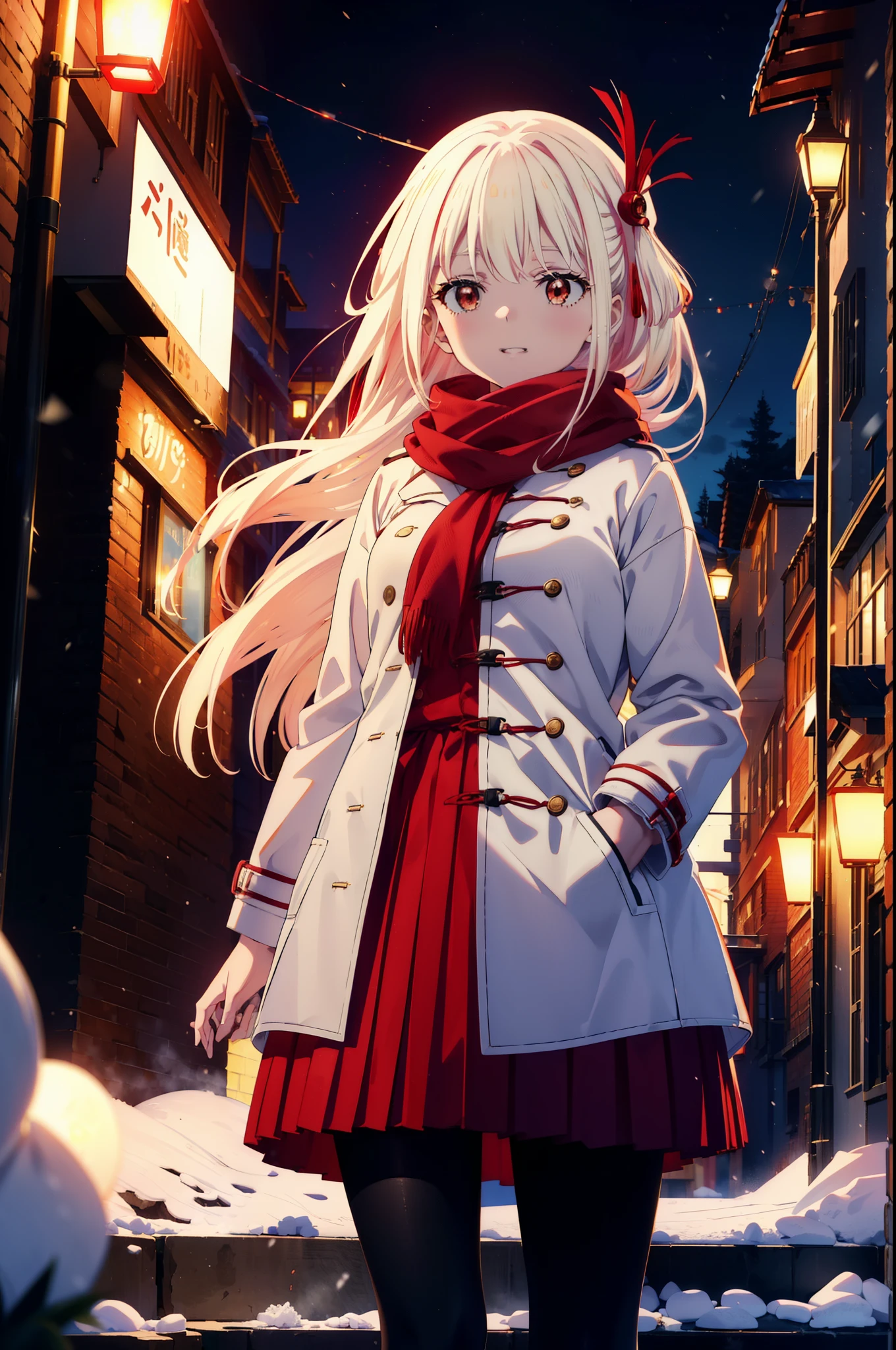 chisatonishikigi, nishikigi chisato,Long Hair , bangs, blonde, (Red eyes:1.5),happy smile, smile, Open your mouth,White knit hat,White Coat,Red Scarf,White Sweater,Hands in coat pockets,Long skirt,Black pantyhose,short boots,Shirogane World,Snow is piling up,that&#39;it&#39;s snowing,that&#39;it&#39;s snowing,winter,Cold Sky,moonlight,full moon,night,
break looking at viewer, whole body, Upper Body,(Cowboy Shot:1. 5)
break outdoors, cthaty,Building Street,
break (masterpiece:1.2), highest qualthaty, High resolution, unthaty 8k wallpaper, (shape:0.8), (Beautiful and beautiful eyes:1.6), Highly detailed face, Perfect lighting, Extremely detailed CG, (Perfect hands, Perfect Anatomy),