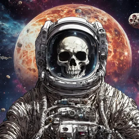 astronaut, skull face, isst spaghetti, science-fiction, (meisterwerk, best quality:1.2)