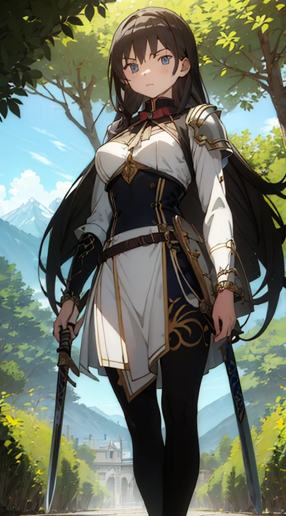  Create the image of a stunning woman with long, straight hair and wearing imposing armor. She is depicted in a majestic pose, with her wavy hair falling gently over her shoulders. Her armor is a work of art, with intricate details and elegant embellishments, reflecting the sunlight that streams through the nearby trees,Her eyes convey a mix of determination and grace as she wields a sword or shield with confidence. In the background, a picturesque setting of lush natural landscape, with distant mountains and a clear blue sky. This woman is not only a skilled warrior, but also a vision of beauty and strength