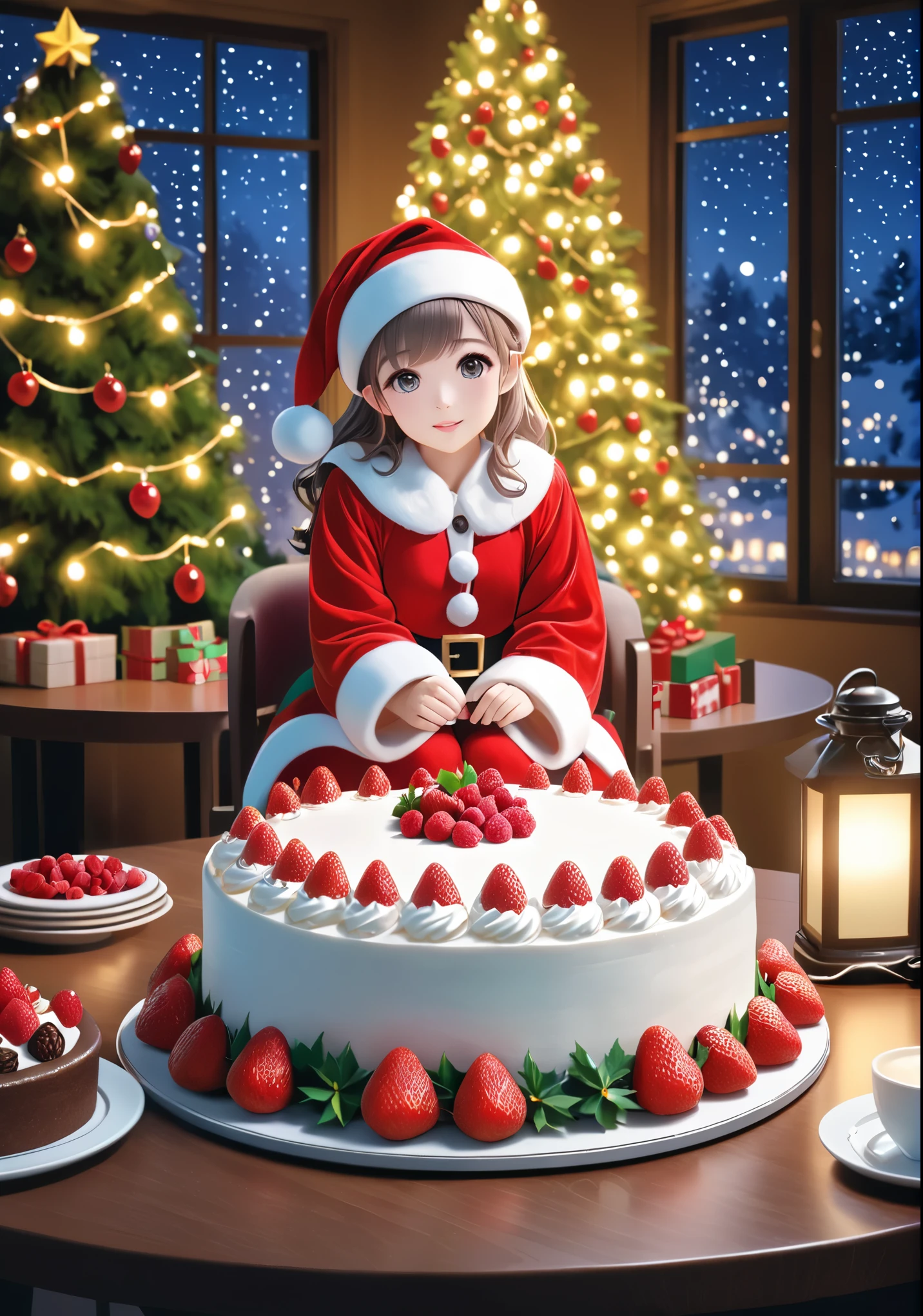 Jolie naine Père Noël assise sur un gâteau de Noël、gâteau sur la table、Crème blanche décorée de fraises et de framboises、Sapin de Noël、spectacles électriques、nuit silencieuse、Source de lumière douce、semblable à une photo、8k、16k、Rendu des couleurs élevé