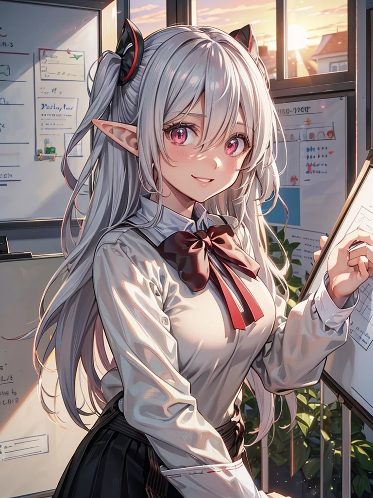 An elf woman, very black and tanned skin, beautiful silver hair, pointed ears, beautiful red eyes, high , school classroom, whiteboard, window, evening, sunset, upper body description, dear smile , open lips, close-up, 8K, wave hand, five fingers,