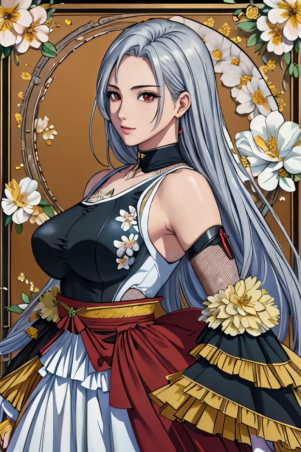 (​masterpiece, top-quality, top-quality, Official art, Beautifully Aesthetic:1.2), red eyes, (highest quality, masterpiece painting:1.3), immature woman, 16 years old, (half body shot), masterpiece, ultra high resolution, (((Flower frame, A lot of flowers in the frame, round frame, A beautiful girl fits into the frame))), Decorative panel, abstract art, (shot from a side angle), (Photoreal:1.0), ((light silver hair)),straight hair, beautiful shining hair, white and shining skin, Painterly, sketch, Texture, 超A high resolution, solo, Beautuful Women, A highly detailed, (Fractal Art:1.1), (colourfull:1.1), (florals:1.6), The most detailed, (Zentangle:1.2), (Dynamic Poses), (Abstract background:1.3), (shinny skin), (Many colors:0.8), (earrings:1.4), (pluma:0.9), Taisho romance