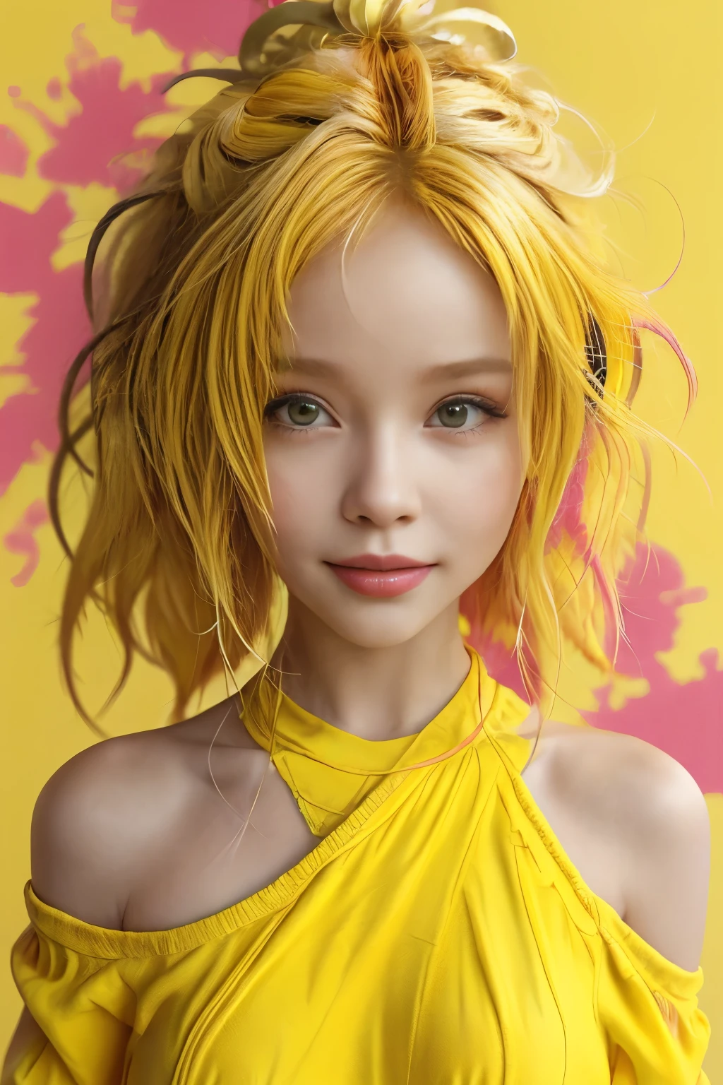 obra maestra del estilo chibi,mejor calidad,bellísima,1 chica, solo, medio cuerpo, Cabello amarillo, Rastas, lindo, adorable, Colores brillantes, alegre, muy detallado, sonrisa