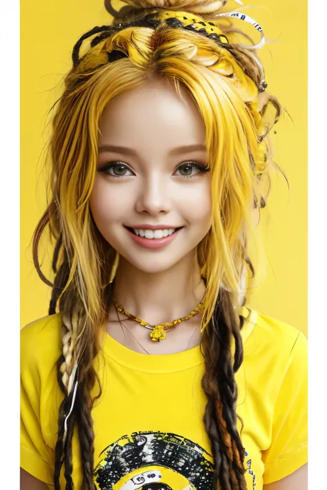 chibi style masterpiece,best quality,bellissima,1girl, solo, half body, yellow hair, dreadlocks, cute, adorable, bright colors, cheerful, highly detailed, smile