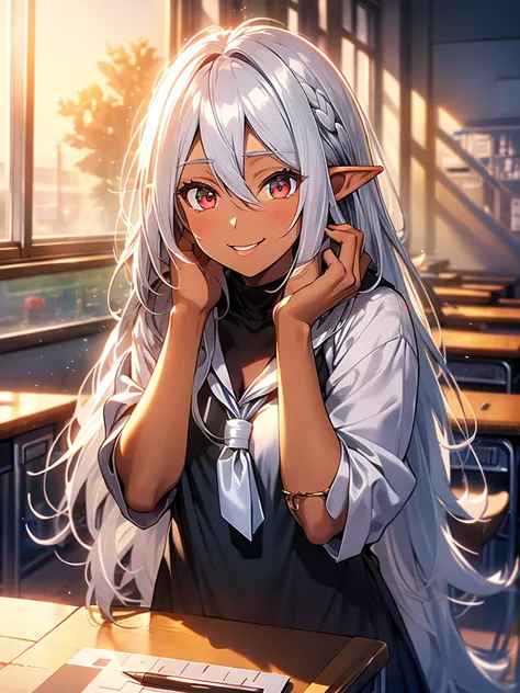 an elf woman, very black and tanned skin, beautiful silver hair, pointed ears, beautiful red eyes, high , school classroom, whit...