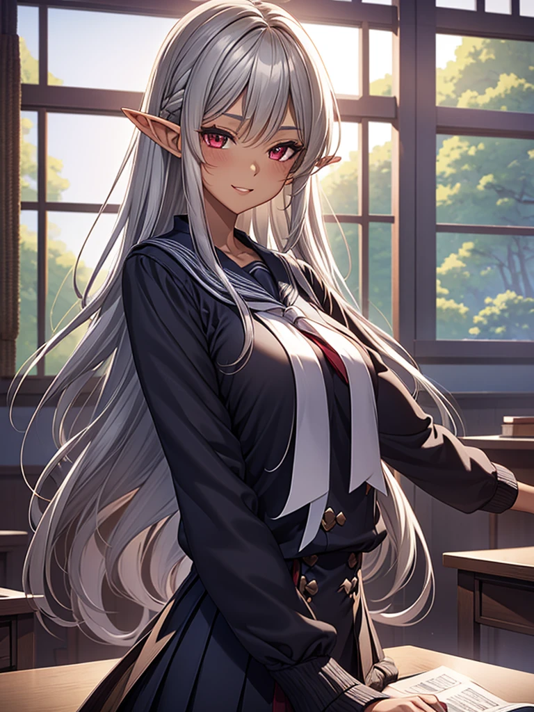 An elf woman, very black and tanned skin, beautiful silver hair, pointed ears, beautiful red eyes, high , school classroom, whiteboard, window, evening, sunset, upper body description, dear smile , lips open, close-up, 8K,