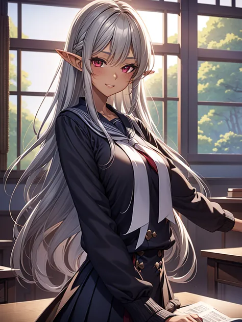 An elf woman, very black and tanned skin, beautiful silver hair, pointed ears, beautiful red eyes, high , school classroom, whit...