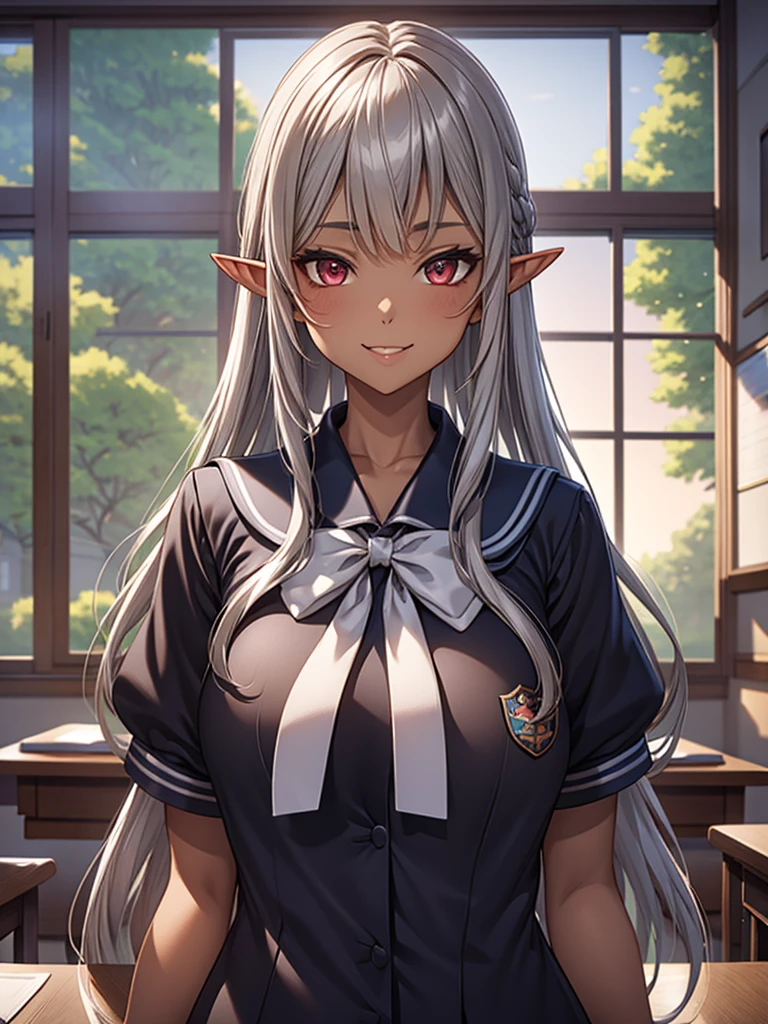 An elf woman, very black and tanned skin, beautiful silver hair, pointed ears, beautiful red eyes, high , school classroom, whiteboard, window, evening, sunset, upper body description, dear smile , lips open, close-up, 8K,