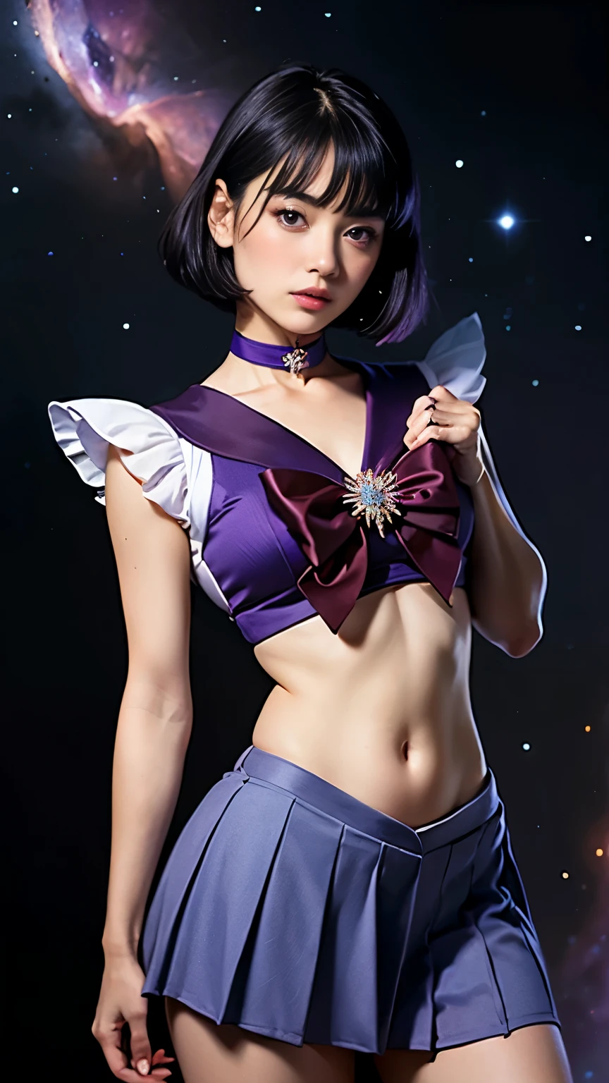 (masterpiece, highest quality:1.4), (Nebula Background), (Full Body Shot), (Sexy pose:1.5), One girl, alone, (European youth:1), Sailor Saturn, tiara, Sailor Warrior Uniforms, Purple sailor color, Pleated skirt, Elbow hand pockets, jewelry, brooch, choker, Short black hair, (Purple eyes:1.5), Beautiful Face, Highly detailed face, Highly detailed eyes, Highly detailed skin, Skin pores, Scattered beneath the surface, Realistic pupils, Apply blush all over the face, Fuller lips, Detailed Background, Depth of written boundary, Volumetric lighting, Sharp focus, Absurd, Realistic proportions, Excellent anatomy, (Realistic, hyperRealistic:1.4), 16K HDR,