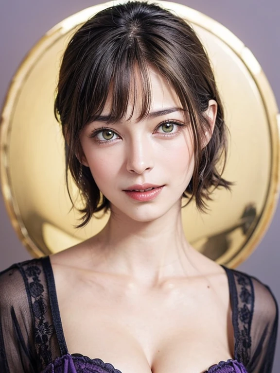 (Masterpiece, highest quality),1 girl, alone,Beautiful and cute beauty, Very realistic, Realistic, Watch your audience closely, Light brown eyes, Highly detailed shiny brunette short bob hair:1.8、Bob Hair:1.8、Beautiful white skin, Spring Clothes, lips, Beautiful Bangs:1.5, Mouth closed, Upper Body、Big eyes、eyelash、((Beautiful face in symmetry、Beautiful face with golden ratio、Very simple green color background:1.8))、(((Short hair with cute bangs:1.8、Big eyes、big and full chest、Looking at the audience、Ideal beauty、Show me your ears、beautiful long neck、smile、please close your mouth and smile)))、Ideal body type、{Huge|big|Huge|Mega} chest:2, Chest cleavage:2、Mouth closed幸せなsmile、