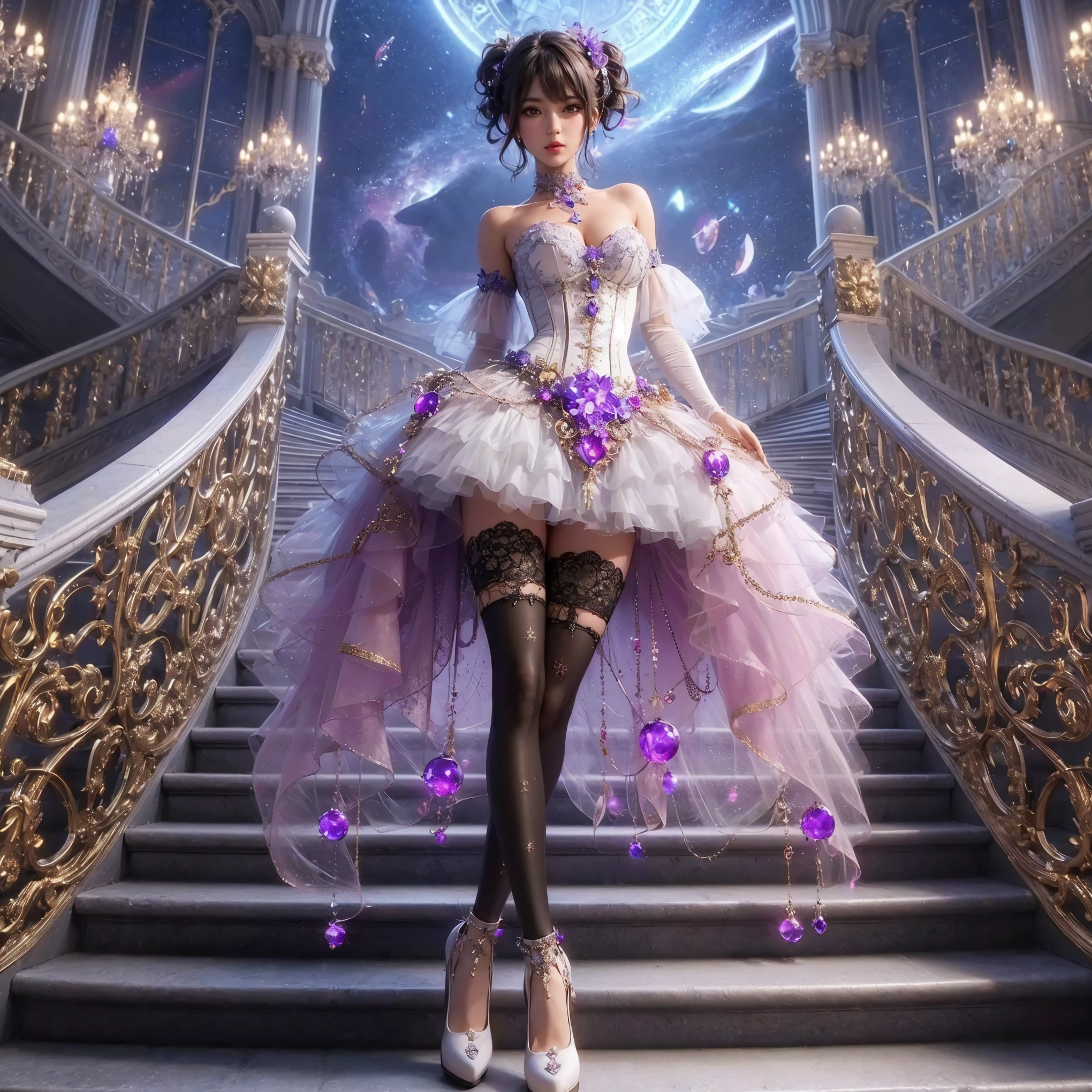 An asian woman with loose hair, standing on the stairs in the middle of a magical atmosphere, with a predominantly white and pink costume, a strapless corset-style dress decorated with bright purple jewels, a short tutu skirt, black thigh-high stockings with lace tops and ornaments purple jewels, white high heels with gold decoration, grand staircase background under mysterious sky full of stars and celestial bodies, crystal detailed, hyper realistic, hyperdetailTransparent clothing, Detailed gemstones, masterpiece, best quality:1.2),,(8k,highres,RAW photo,realistic,photo-realistic:1.3),(detailed skin texture,detailed cloth texture, beautiful detailed face:1.25),professional lighting,photon mapping,beautiful soft light,radiosity,physically-based rendering,raytracing, model shoot style, model shoot style, (extremely detailed CG unity 8k wallpaper), full shot body photo of the most beautiful artwork in the world (NSFW), (Nude), (Naked), (Nipple) (pussy) (exposed pussy) 