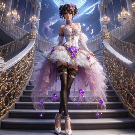 An asian woman with loose hair, standing on the stairs in the middle of a magical atmosphere, with a predominantly white and pin...