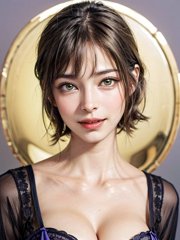 (Masterpiece, highest quality),1 girl, alone,Beautiful and cute beauty, Very realistic, Realistic, Watch your audience closely, Light brown eyes, Highly detailed shiny brunette short bob hair:1.8、Bob Hair:1.8、Beautiful white skin, Spring Clothes, lips, Beautiful Bangs:1.5, Mouth closed, Upper Body、Big eyes、eyelash、((Beautiful face in symmetry、Beautiful face with golden ratio、Very simple green color background:1.8))、(((Short hair with cute bangs:1.8、Big eyes、big and full chest、Looking at the audience、Ideal beauty、Show me your ears、beautiful long neck、smile、please close your mouth and smile)))、Ideal body type、{Huge|big|Huge|Mega} chest:2, Chest cleavage:2、Mouth closed幸せなsmile、