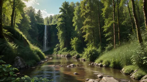 (((view of a river in the middle of the forest, cascade))), sunlight. Ultra photorealistic shooting. high details, backlit. Lumi...