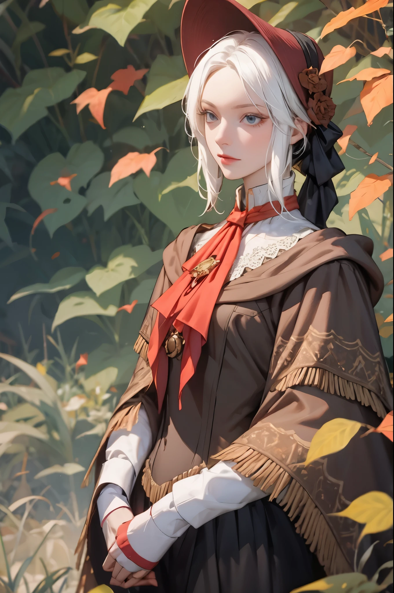 perfect eyes:1.2, detailed eyes:1.4, plaindoll, white hair, pale skin, white eyelashes, white eyelash, doll joints, bonnet, brown cloak, long dress, red ascot, emotionless, autumn, forest, fog, dead trees, muted color, cowboy shot, 1girl, solo, (masterpiece:1.6, best quality),
