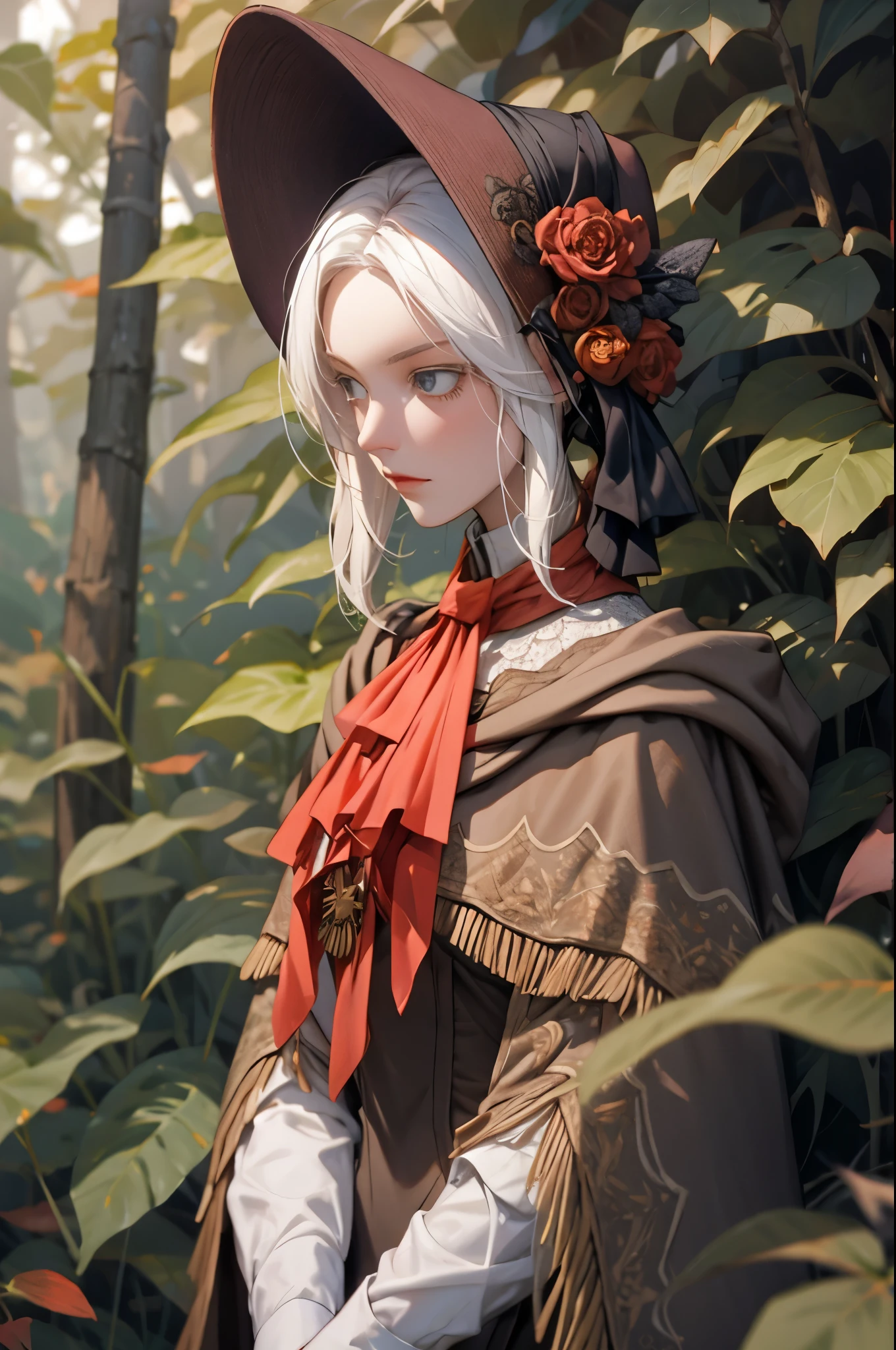 perfect eyes:1.2, detailed eyes:1.4, plaindoll, white hair, pale skin, white eyelashes, white eyelash, doll joints, bonnet, brown cloak, long dress, red ascot, emotionless, autumn, forest, fog, dead trees, muted color, cowboy shot, 1girl, solo, (masterpiece:1.6, best quality),
