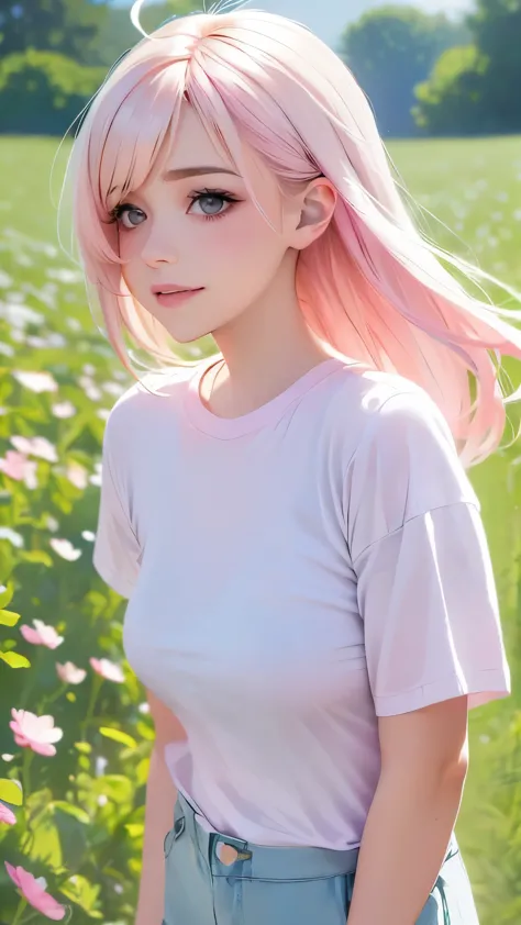 a cute , pink lips, wearing a bright white shirt, in the style of the soft aurorapunk color palette, an anime illustration of he...