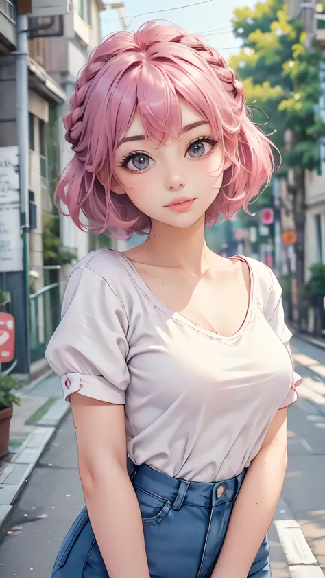 a cute , pink lips, wearing a bright white shirt, in the style of the soft aurorapunk color palette, an anime illustration of he...