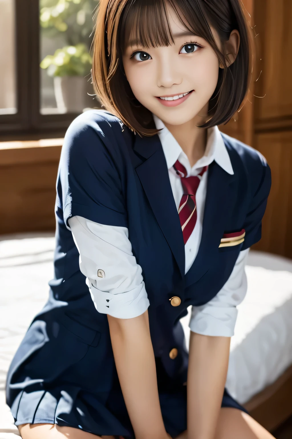 (masterpiece,highest quality,超A high resolution),Japanese women, (((Very cute 16 year old girl))), View the photographer, Front view, ((Bobcut)), Super cute face, Glossy lips, Double eyelids on both eyes, Focus your eyes, Natural Makeup, bangs, Shiny and smooth light brown wavy hair, (((Upper body close-up))), Large Breasts, Perfect limbs, Perfect Anatomy, (((High School Uniform:1.3))), ((Smile)), Night room, (Show off your slim thighs:1.3), ((Include the whole face and focus on the chest:1.2)), View your viewers, (Strike a cute pose:1.4), Perfect and natural fingers,