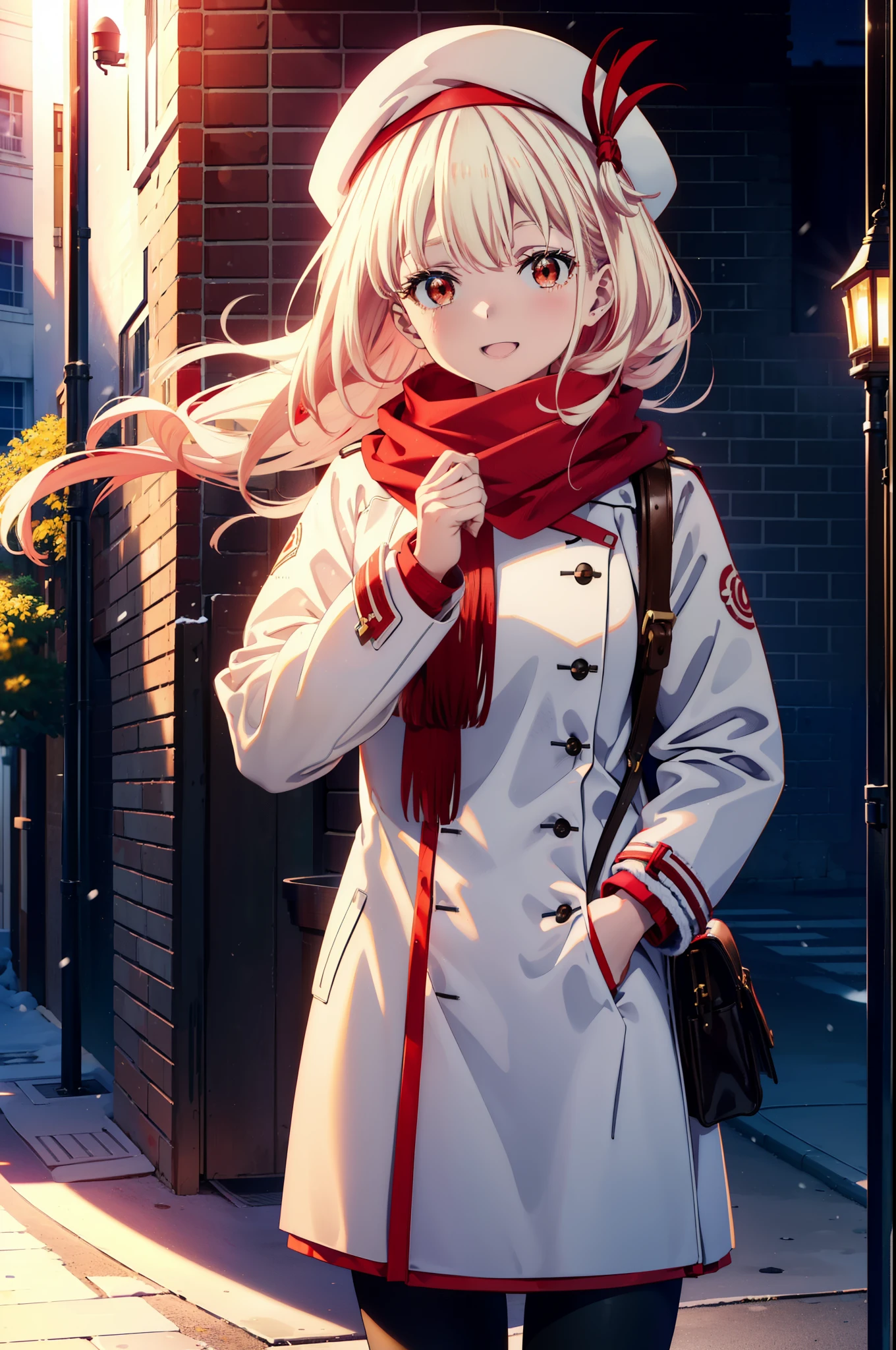 chisatonishikigi, nishikigi chisato,Long Hair , bangs, blonde, (Red eyes:1.5),happy smile, smile, Open your mouth,White knit hat,White Coat,Red Scarf,White Sweater,Hands in coat pockets,Long skirt,Black pantyhose,short boots,Shirogane World,Snow is piling up,that&#39;it&#39;s snowing,that&#39;it&#39;s snowing,winter,Cold Sky,moonlight,full moon,night,
break looking at viewer, whole body, Upper Body,(Cowboy Shot:1. 5)
break outdoors, cthaty,Building Street,
break (masterpiece:1.2), highest qualthaty, High resolution, unthaty 8k wallpaper, (shape:0.8), (Beautiful and beautiful eyes:1.6), Highly detailed face, Perfect lighting, Extremely detailed CG, (Perfect hands, Perfect Anatomy),