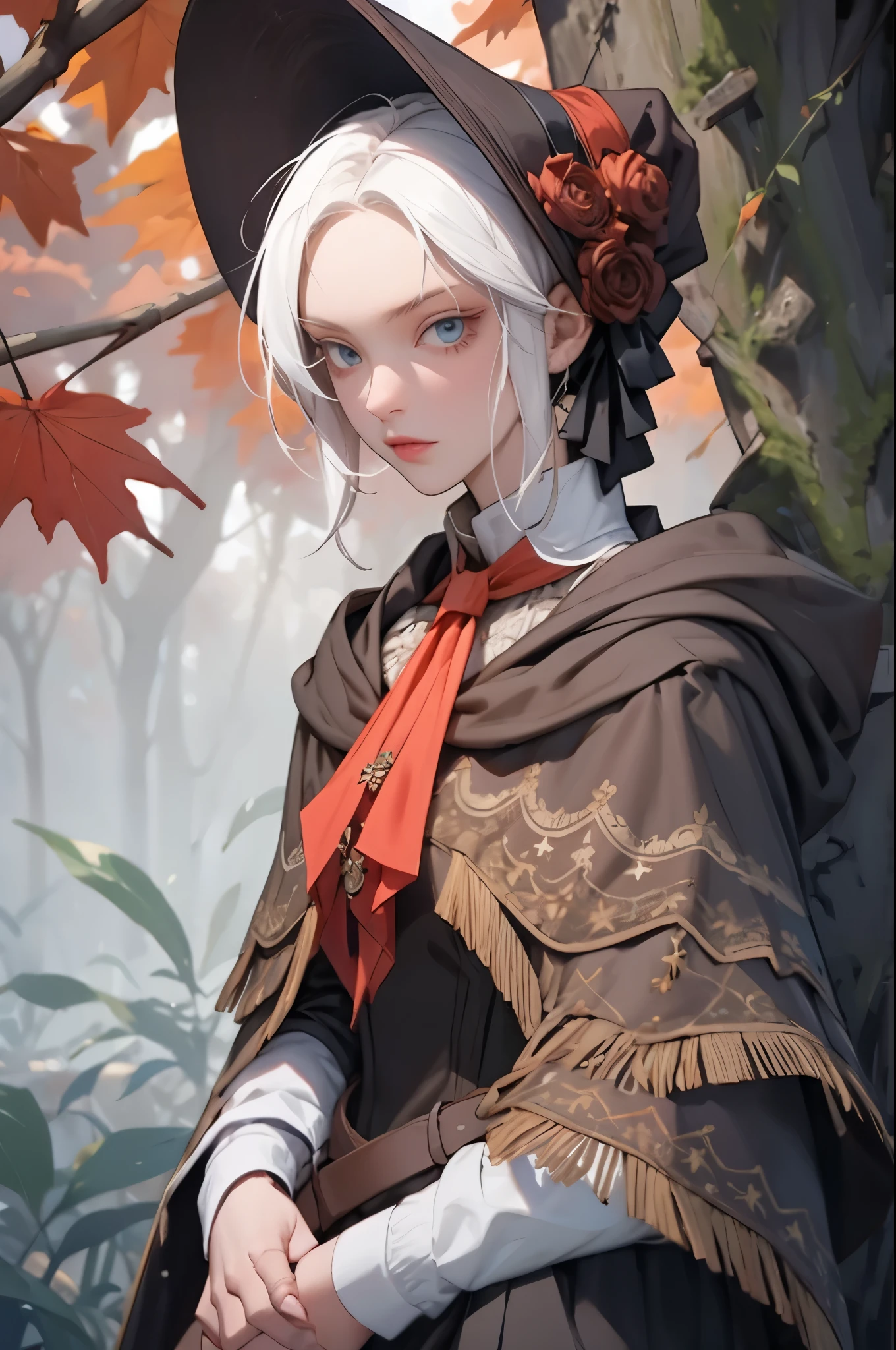 perfect eyes:1.2, detailed eyes:1.4, plaindoll, white hair, pale skin, bags under eyes, white eyelashes, white eyelash, doll joints, bonnet, brown cloak, long dress, red ascot, emotionless, autumn, forest, fog, dead trees, muted color, cowboy shot, 1girl, solo, (masterpiece:1.6, best quality),
