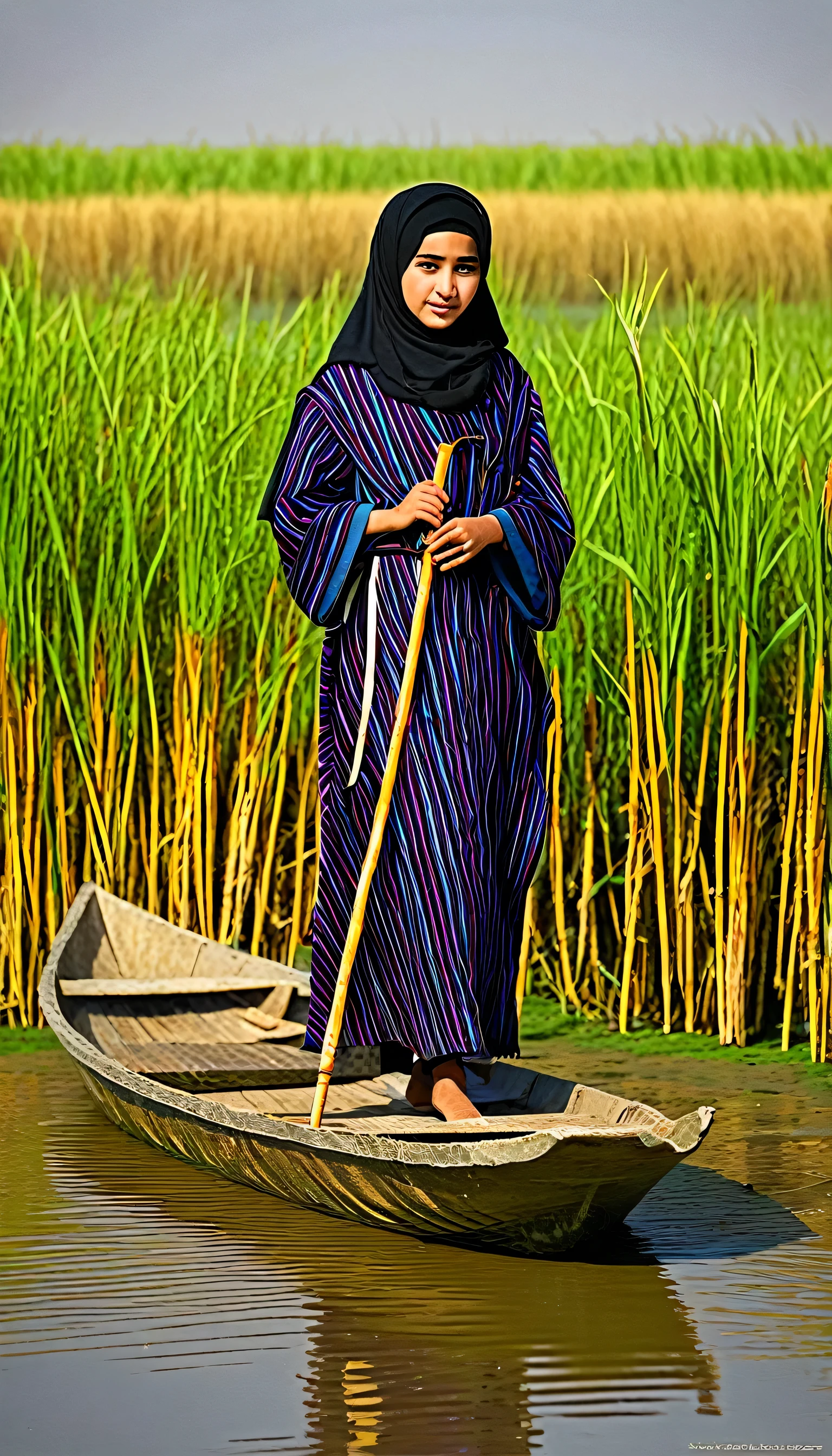 Iraqi a girl wearing a traditional robe in a boat and holding a stick in a swamp, Southern Iraq, marshes, traditional boat, the surroundings include grass and reeds and plants, solo, black_hair, 1girl, girl_focus, hijab, grass, realistic, holding, outdoors, standing, photo realistic, best quality, realistic, photo-realistic