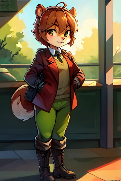 boy, squirrel, furry, bodyfur, blazer, bottomless, green tights, gloves, boots, school, school bag