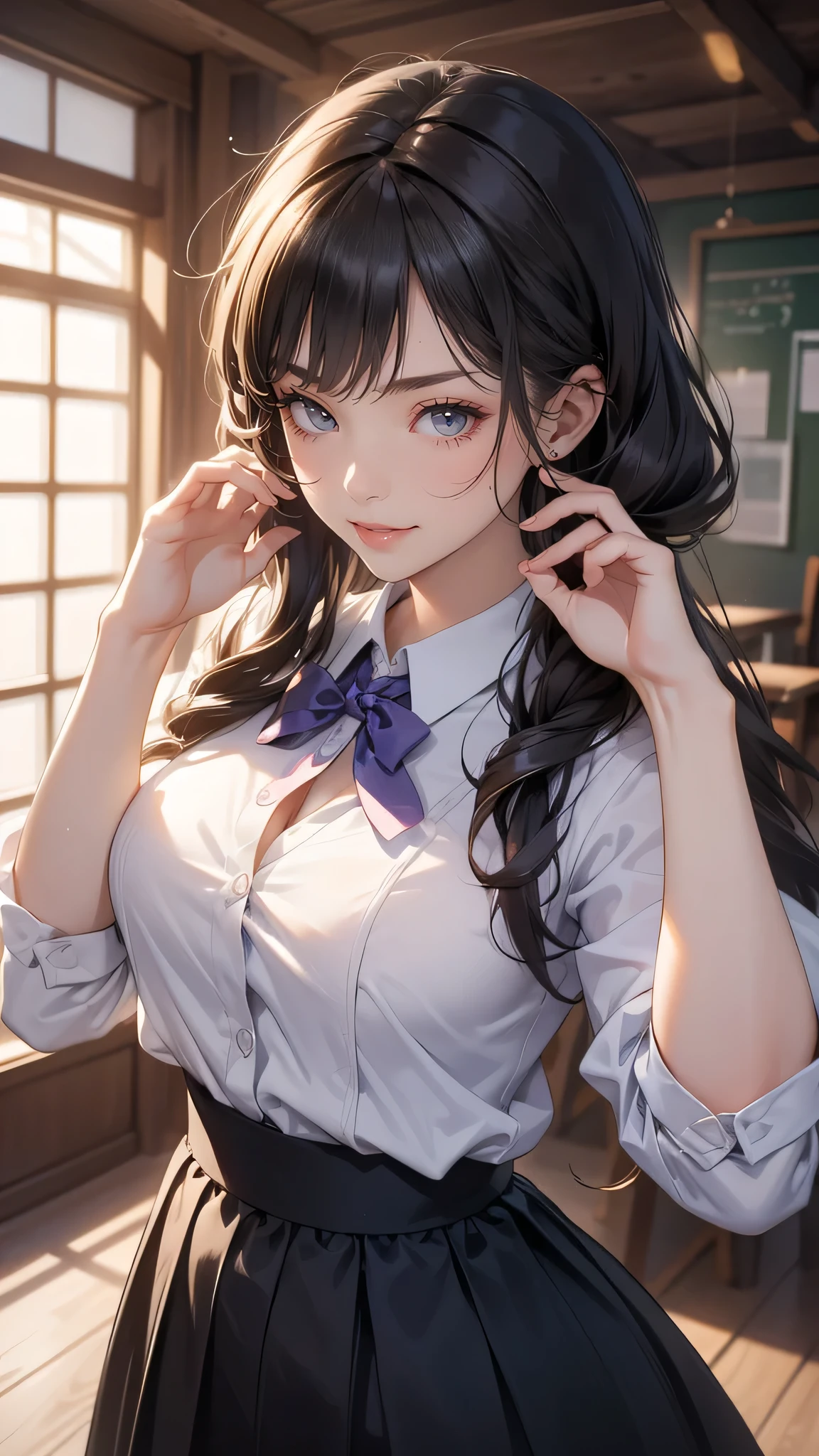 looking at viewer,high school girl,leaning forward,(random cute clothes),(random Lively pose),(Thin type),(large breasts),(random hairstyle),(Highest image quality, (8K), Ultra-realistic, Best Quality, High quality, High Definition, high quality texture, high detailing, Beautiful detailed, fine detailed, extremely details CG, Detailed texture, realistic representation of face, masterpiece, presence),(wearing glasses:1.5)