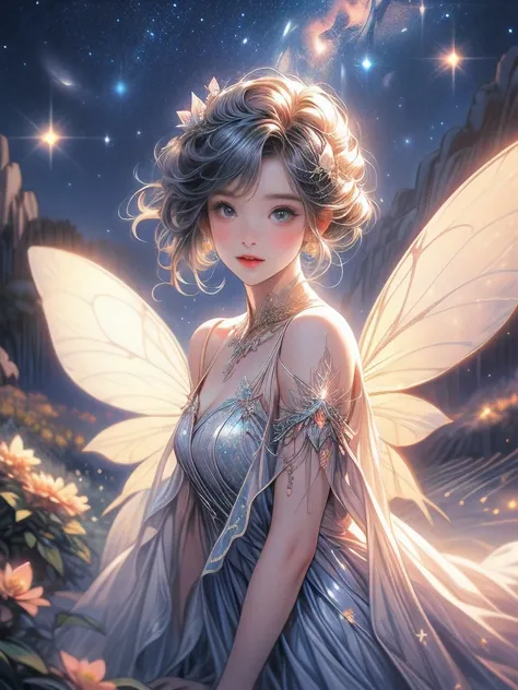 masterpiece:1.2, 8k, highres, ultra-detailed,  (beautiful cute girl), (fairy ornament), (fairy dress), (fairy wings:1.2), ((many...