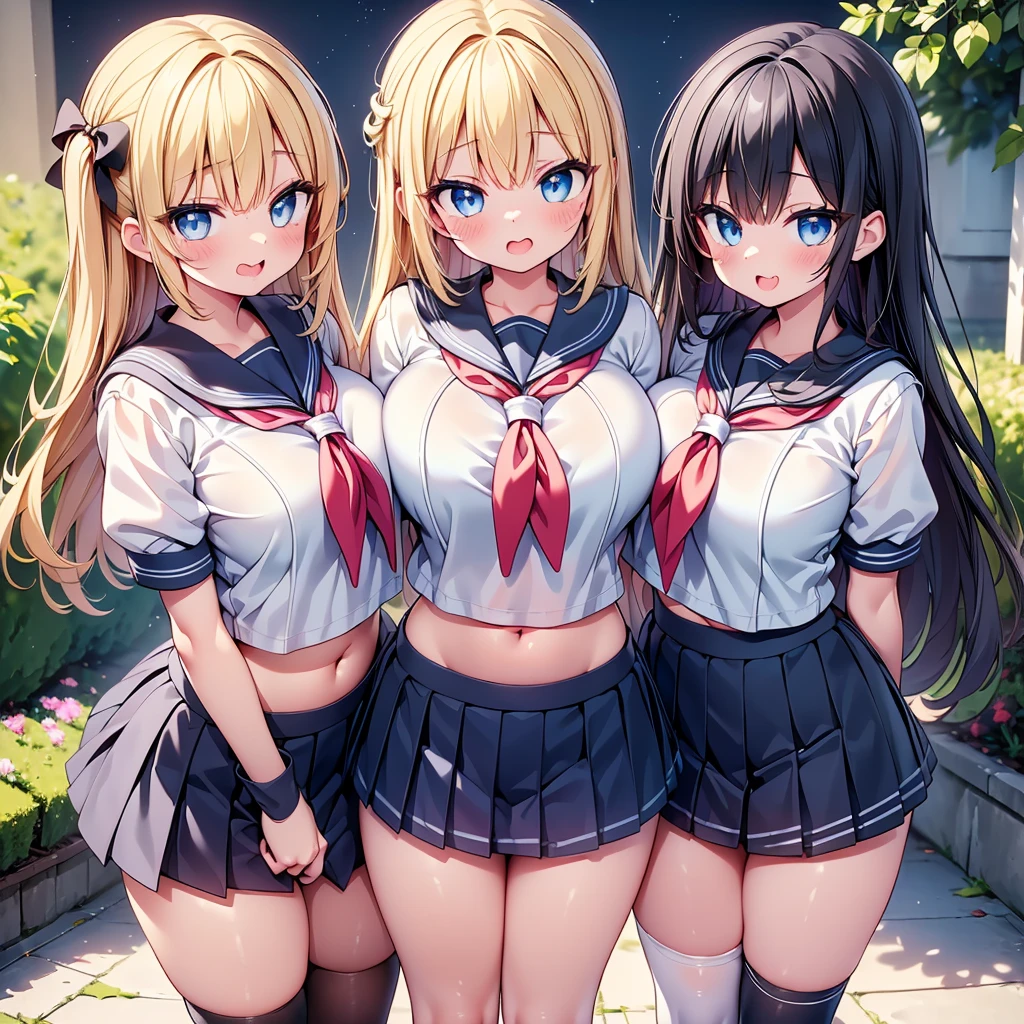 (cute eyes:1.2), (sparkling eyes:1.2), highest quality,wonderful,finely,extremely detailed CG Unity 8K wallpaper, (Stand in line:1.2), (3 girls, sailor uniform, clothed), (short stature:1.1), (huge breasts), (open mouth:1.1), (long tongue:1.1), (mouth drool:1.1), (Black knee socks:1.1),(Thighs:1.3),(Waistline:1.2),(midriff peek:1.2)